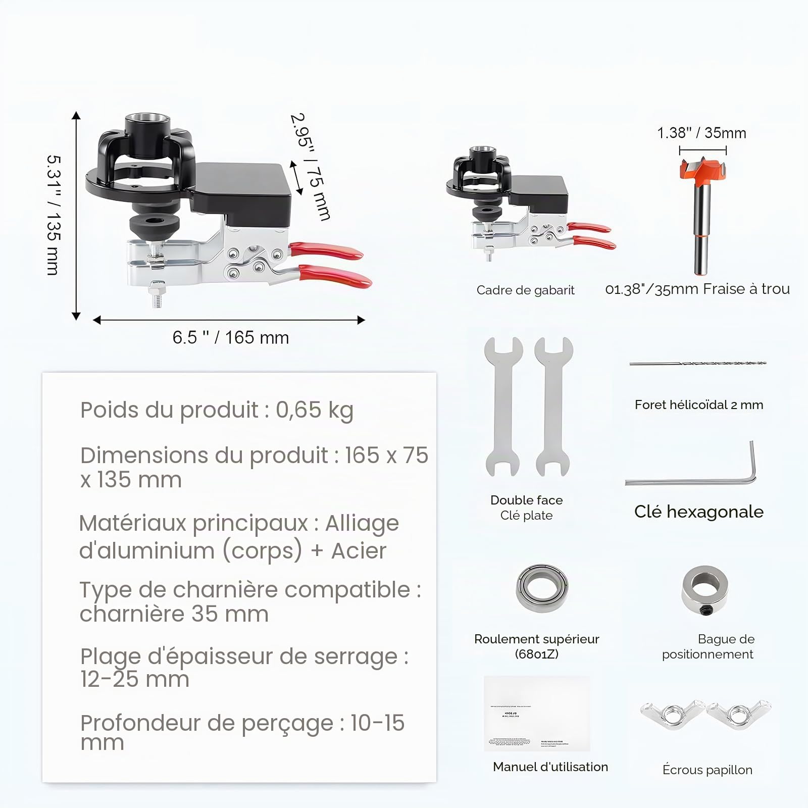 35mm Gabarit De Percage,Gabarit De Charnière Dissimulé,Perforateur De Trou De Perçage,Double Pince,Localisateur pour Travail du Menuiserie,Bois,Armoires,Porte