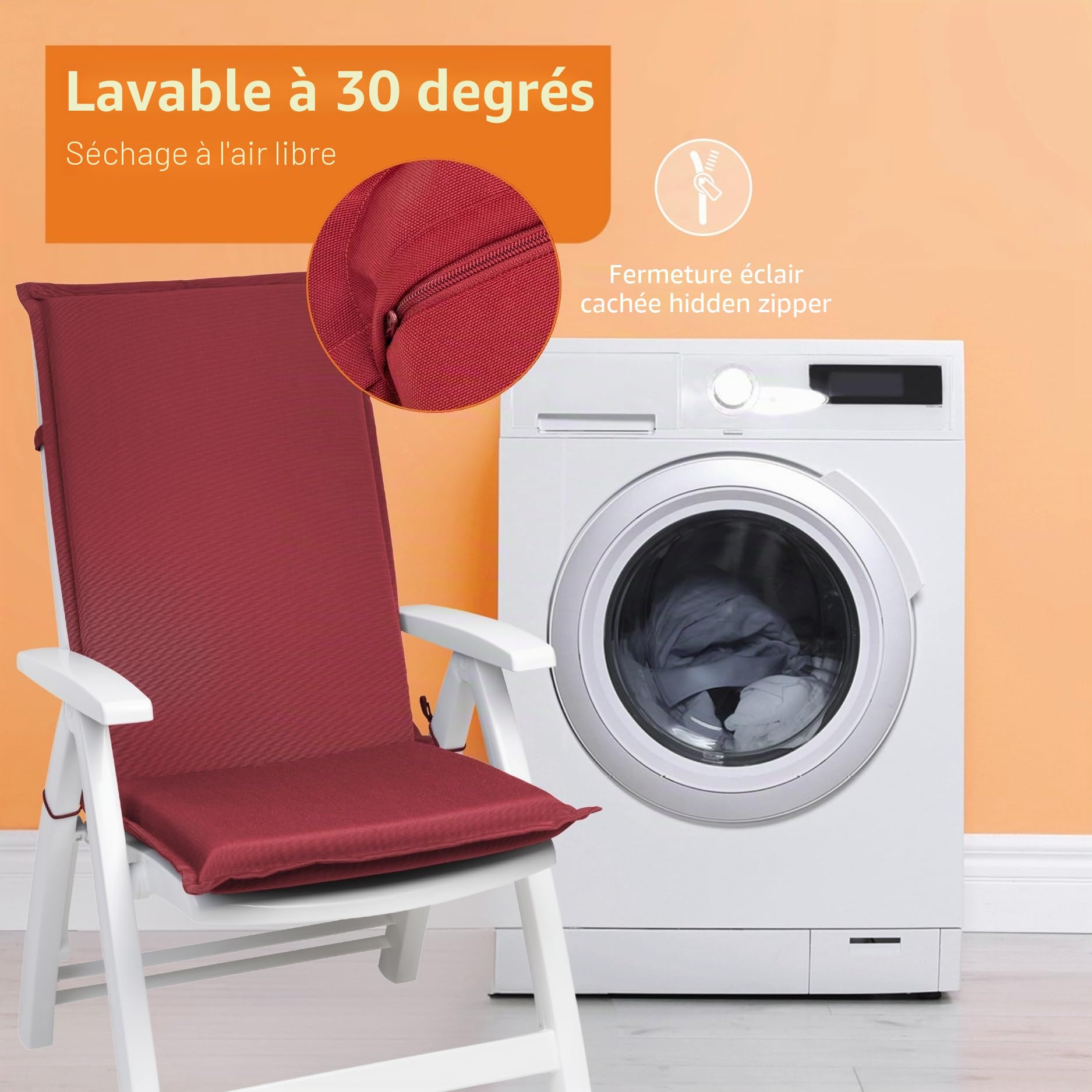 sleepling 193927 Lot de 2 Coussins d'extérieur pour Fauteuil à Dossier | Chaise de Jardin | Chaise de terrasse | Fabriqué en UE | Bande de réglage | Housse Amovible et Lavable, 120 x 50 x 6 cm, Rouge