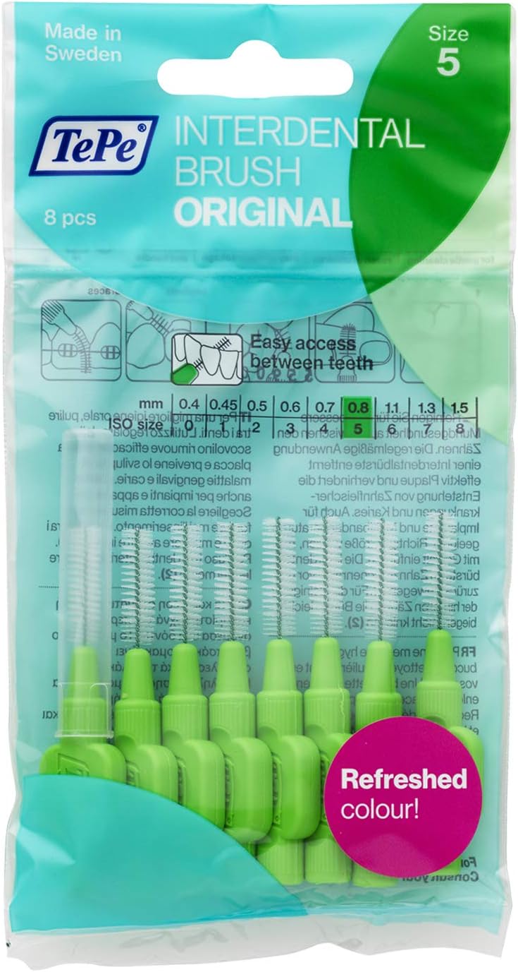 TePe Interdental Brush, Original, Green, 0.8mm/ISO 5, 8pcs, Plaque Removal, efficient Clean Between The Teeth, Tooth Floss, for Small Gaps