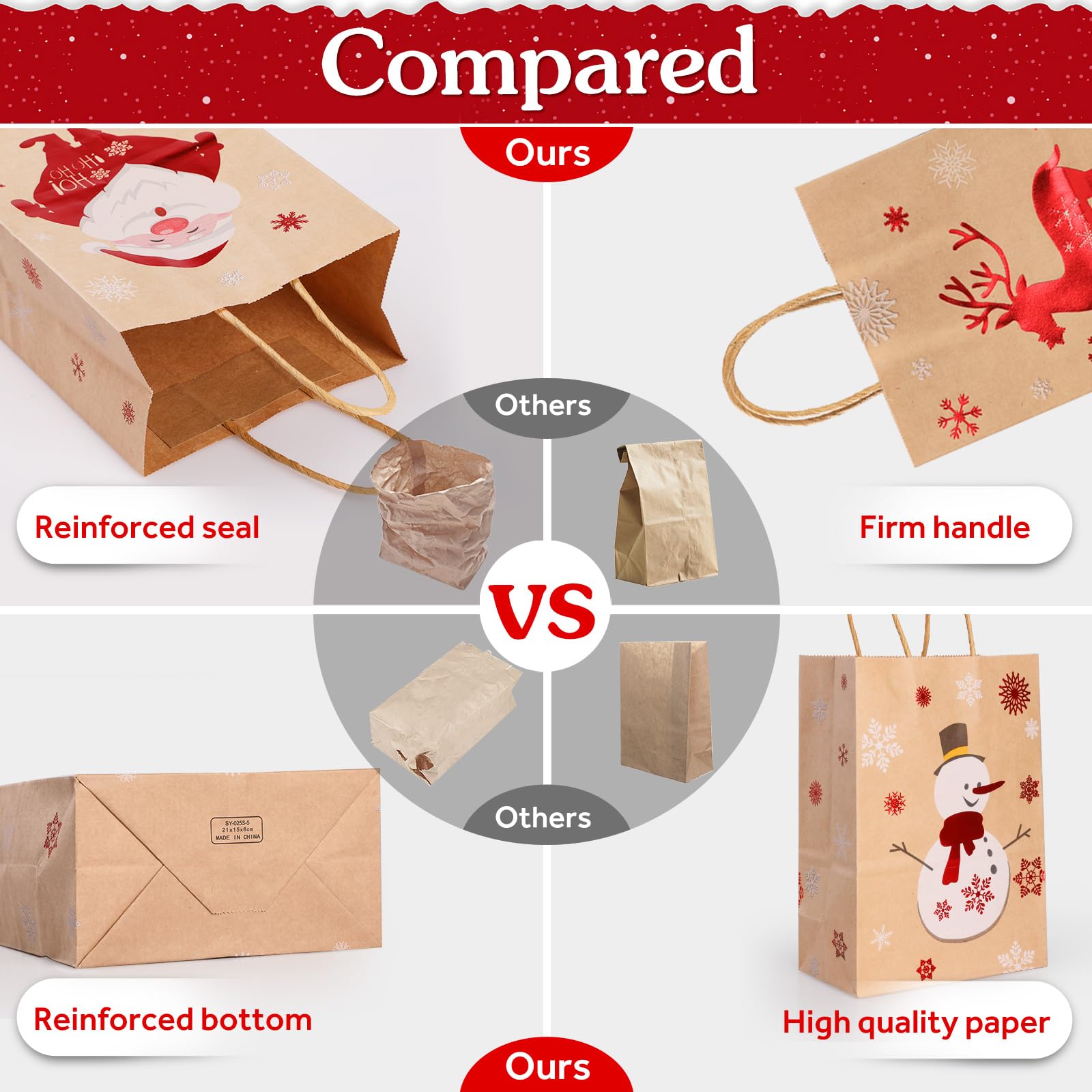 24 Pcs Christmas Kraft Gift Bags With Assorted Christmas Prints Fo...