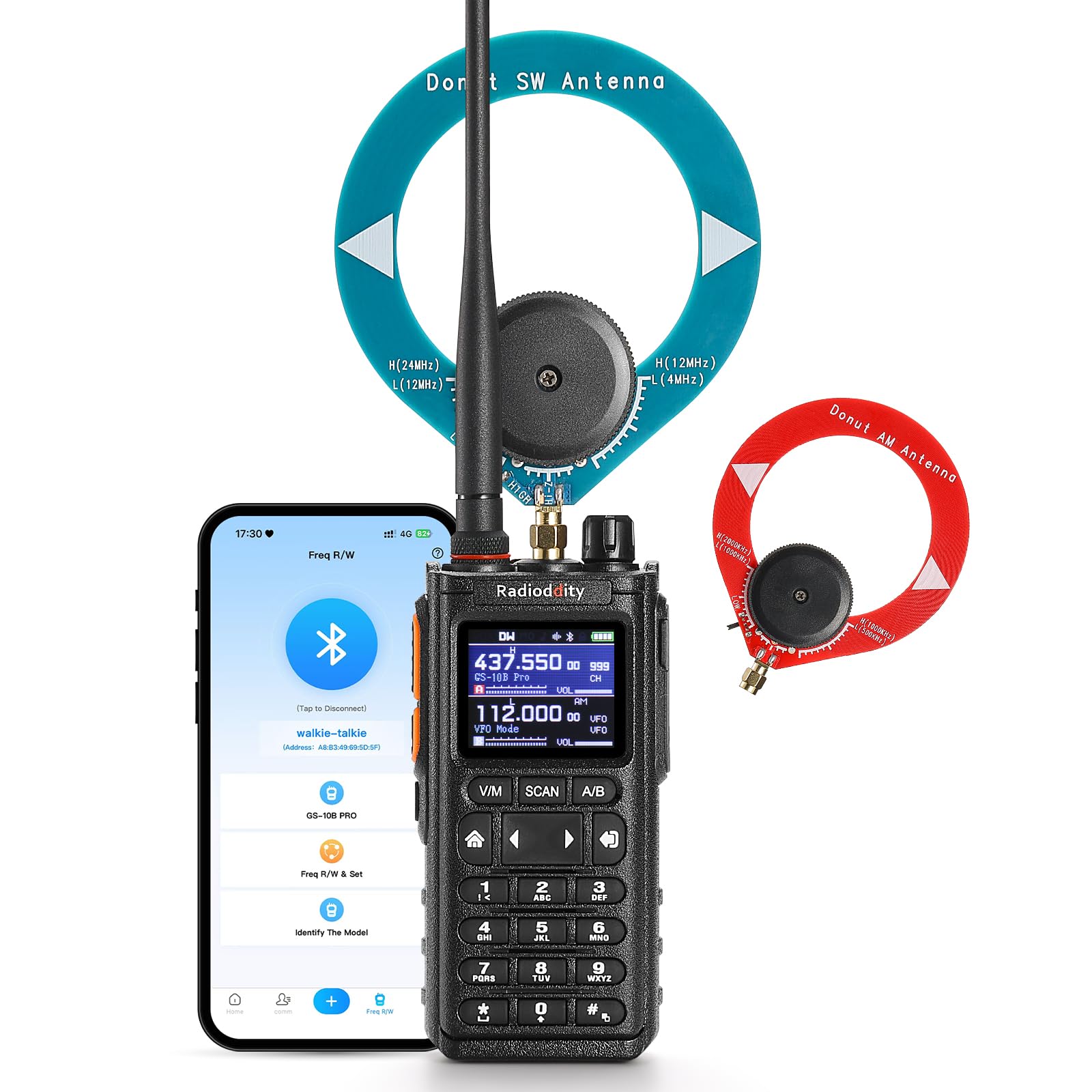 Radioddity GS-10B Pro Ricetrasmettitore Radioamatore, 8W Dual Band, Spettro in Tempo Reale, Ricevitore HF SSB CW Banda Aerea, App Prog, 999 CH, Antenne Donut SW/MW, HT Portatile per POTA & Field Day