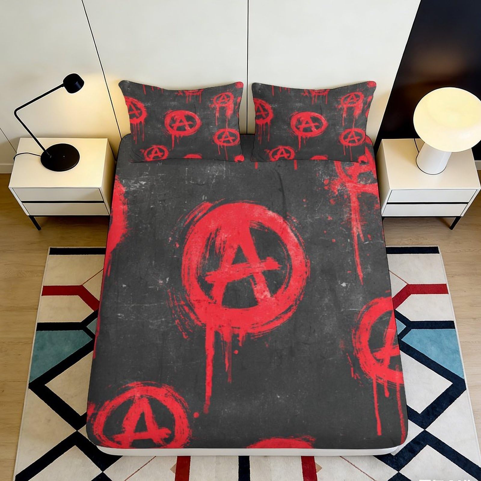 3D Printed Red Anarchy Graffiti Fitted Sheet Microfiber Soft Bed Cover for Urban Bedroom Guest Room Decor 140x200x25cm