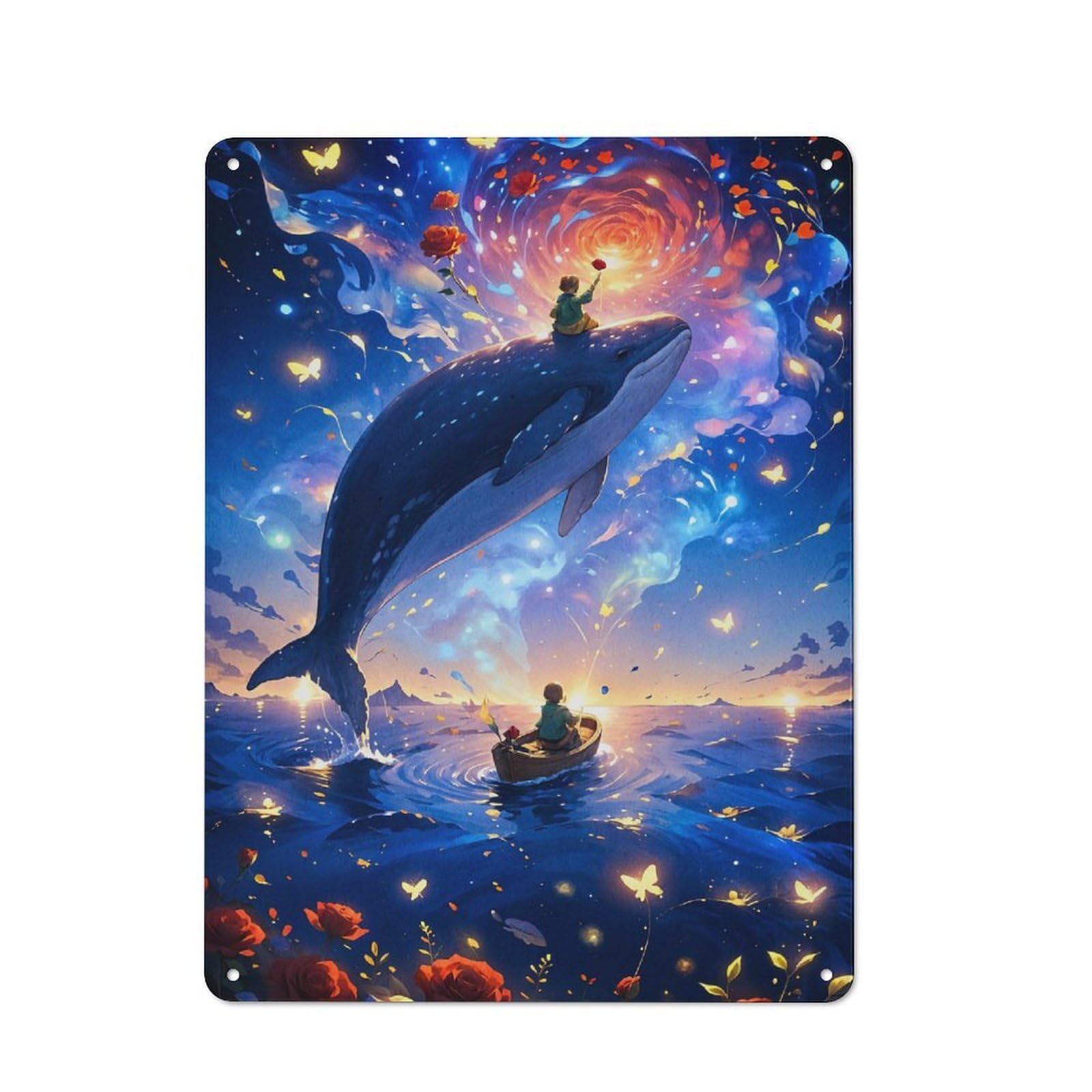 Whale Boy in Dreamy Sky Metal Wall Plaque 40x30cm, Simple Retro Studio Wall Plaque for Office, Study, Studio Or Hallway