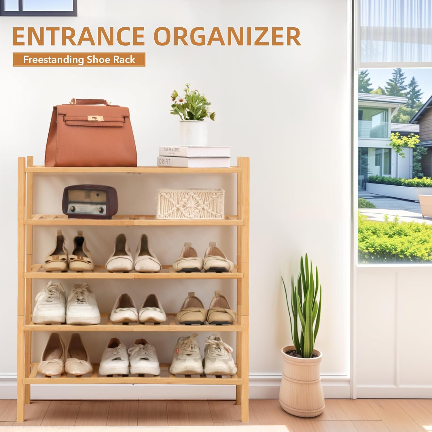 5 Tier Bamboo Shoe Rack Storage Organizer for Closet, Multifunctional Stackable Free Standing Shoe Shelf Organizer for Small Space,Entryway,Hallway,Bathroom 27"x11"x32"(Natural, 5 Tier)