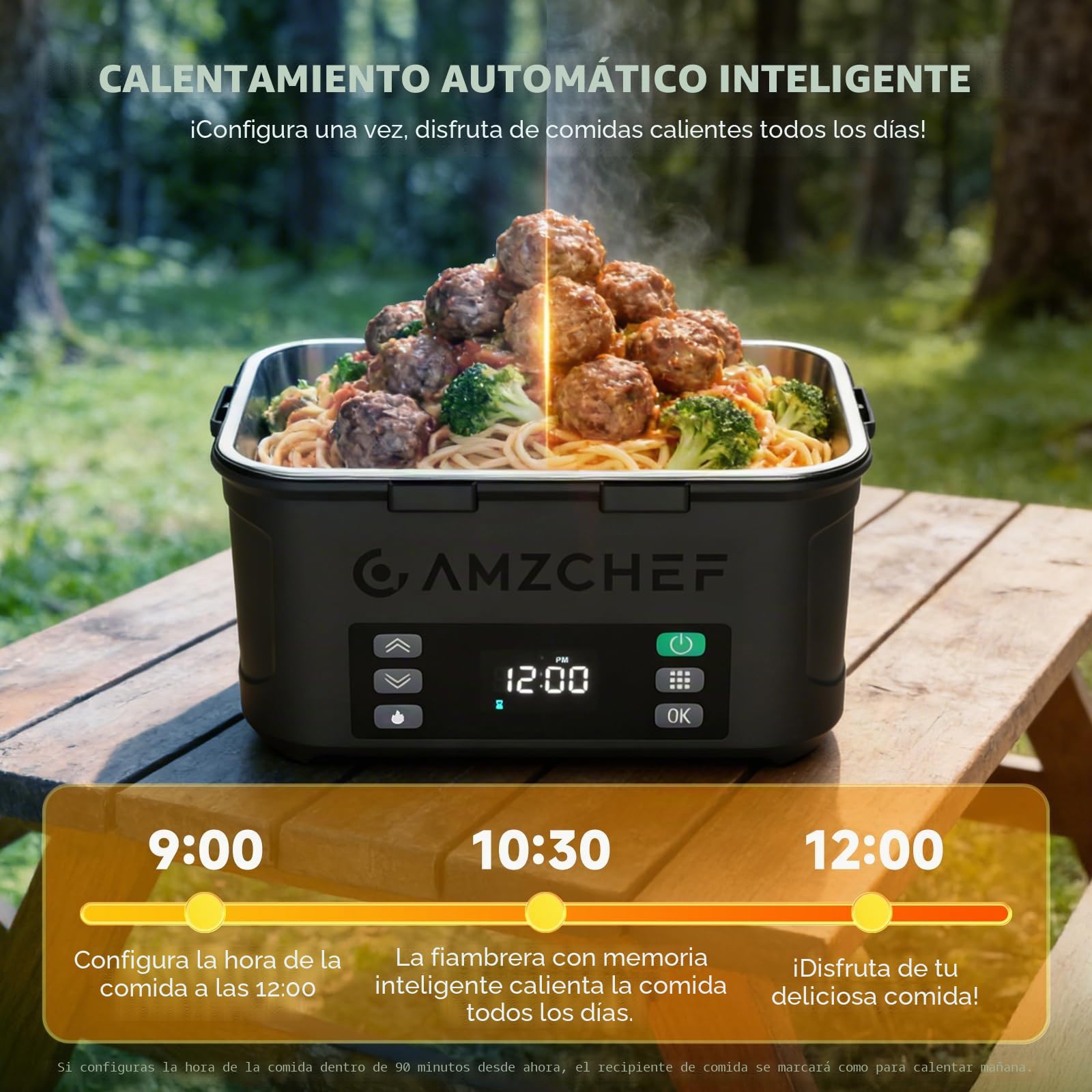 AMZCHEF Fiambrera Electrica de 1,5 L - taper electrico para comida de 27 000 mAh, calentamiento en 5 caras, función de calentamiento instantáneo, con reloj y memoria, recarga rápida (negro)