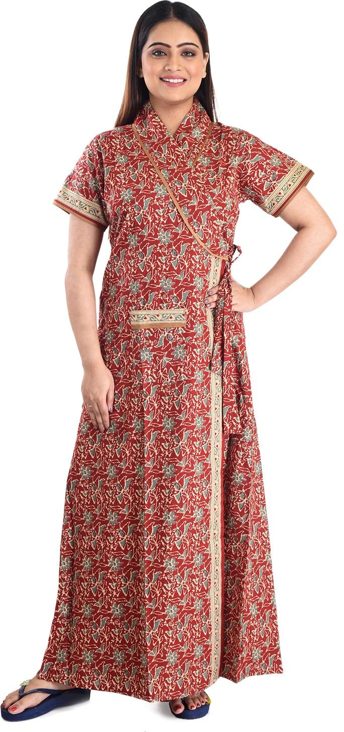 Women's Pure Cotton Printed House Coat,Front Open Adjustable Nighty/Night Wear B17-5XL Maroon-image-30