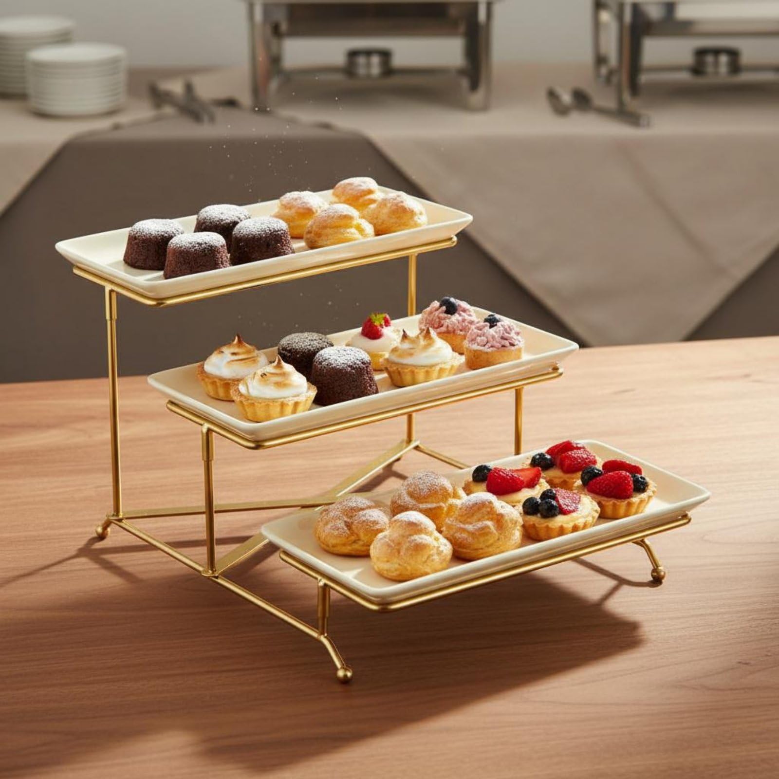 Soporte Cerámico con Montaje Metálico y Bandejas Exhibidor para Dulces y Repostería Variada Estilo Moderno Adecuado para Hogar Cocina Fiestas Temáticas Cafeterías, Style to 2