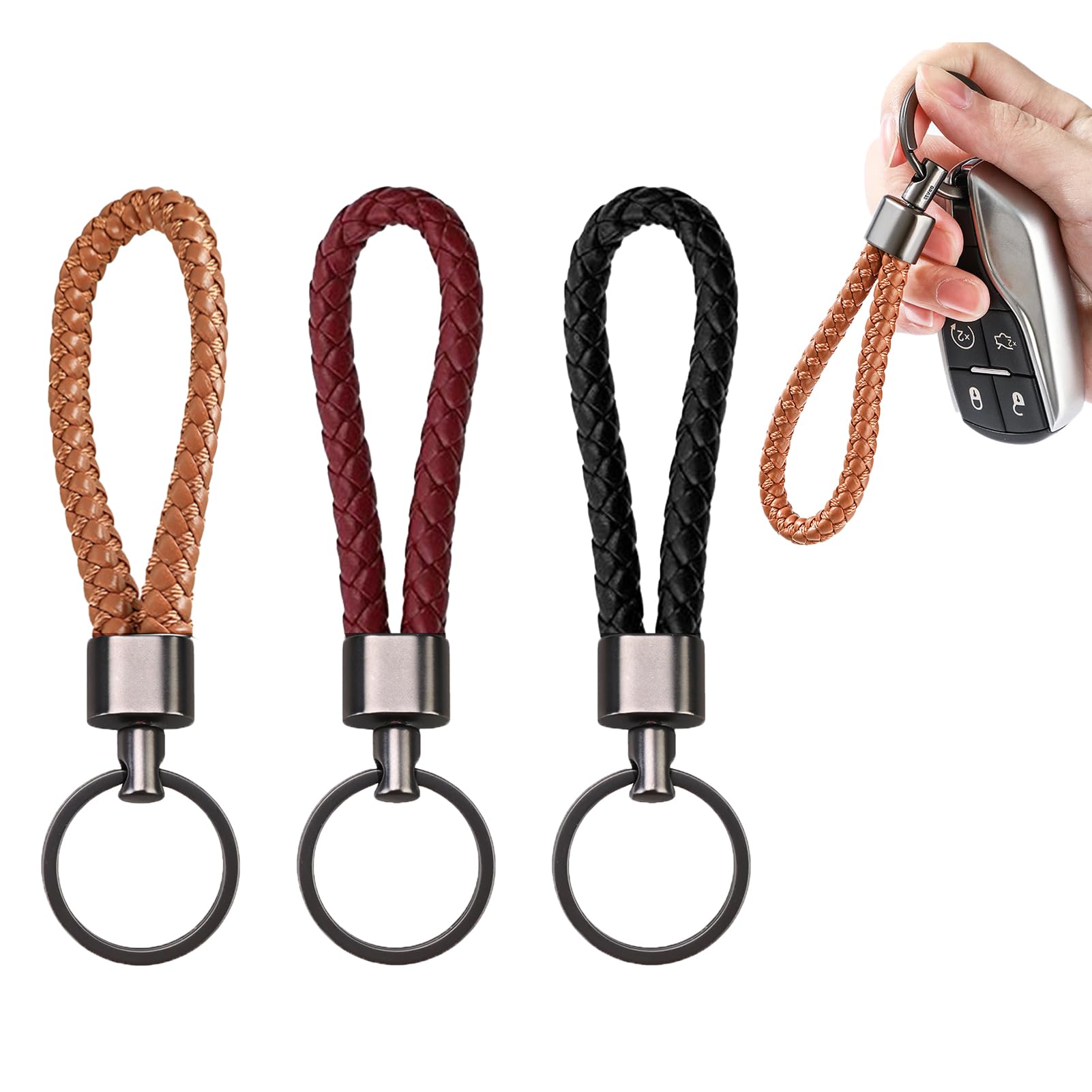 3 PCS Braided Leather Keychain, Car Key Chain Strap PU Leather Car Key Holder Elegant Leather Key Fob Chain Strap Car Keychain Accessories Handmade Braided for Men and Women for Car Key Purse Bag
