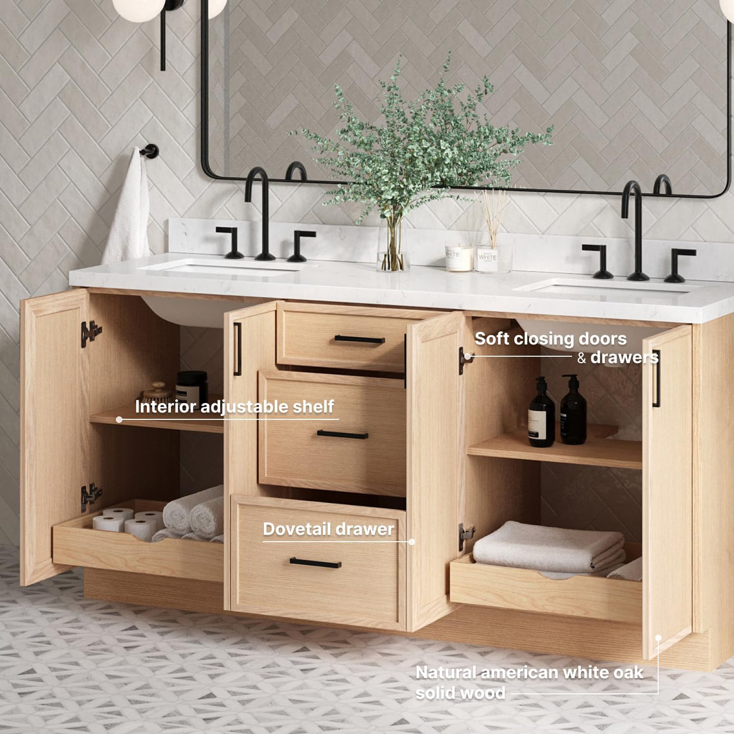 Intern view of the vanity showing soft-closing doors and drawers, an interior adjustable shelf, and dovetail drawers, highlighting natural American white oak solid wood construction.