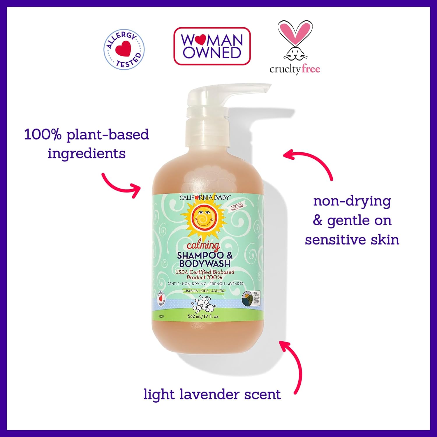 California Baby Calming Baby Shampoo + Baby Wash | 100% Plant-Based | Lavender Body Wash For Sensitive Skin | Hypoallergenic | 562 mL / 19 oz (2-Pack) - Image 4