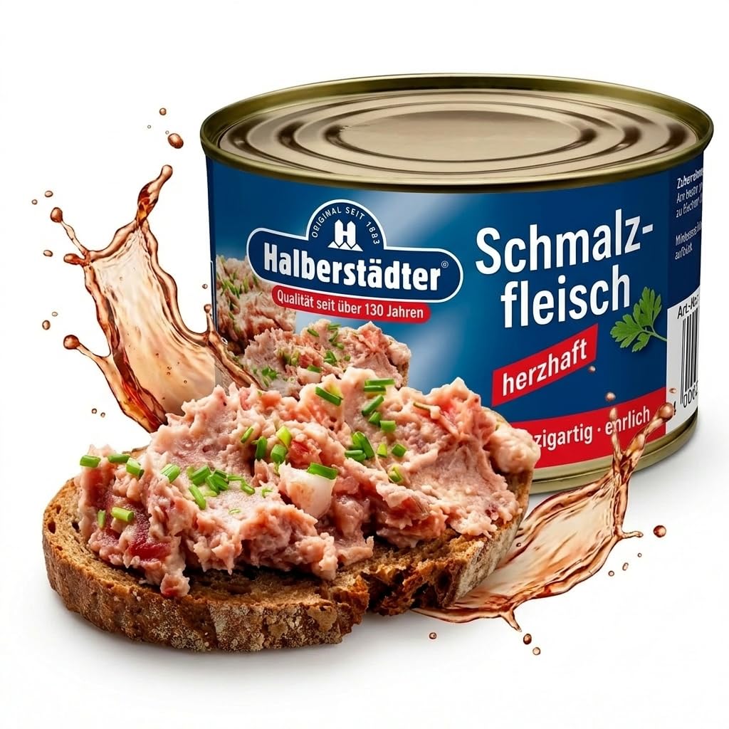 Halberstädter Schmalzfleisch herzhaft 300g – Würzig-zwiebeliger Brotaufstrich aus bestem Schweinefleisch – Traditionelle Fleischkonserve in der praktischen Ringdose