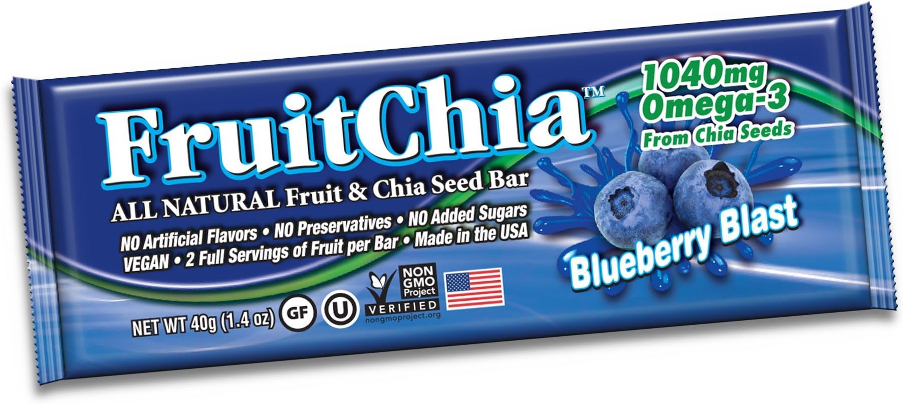 FruitChia Blueberry - All Natural / Real Fruit & Chia Seed Bar W/ Omega-3. Gluten-Free, Kosher & Vegan 2-PACK/BARS