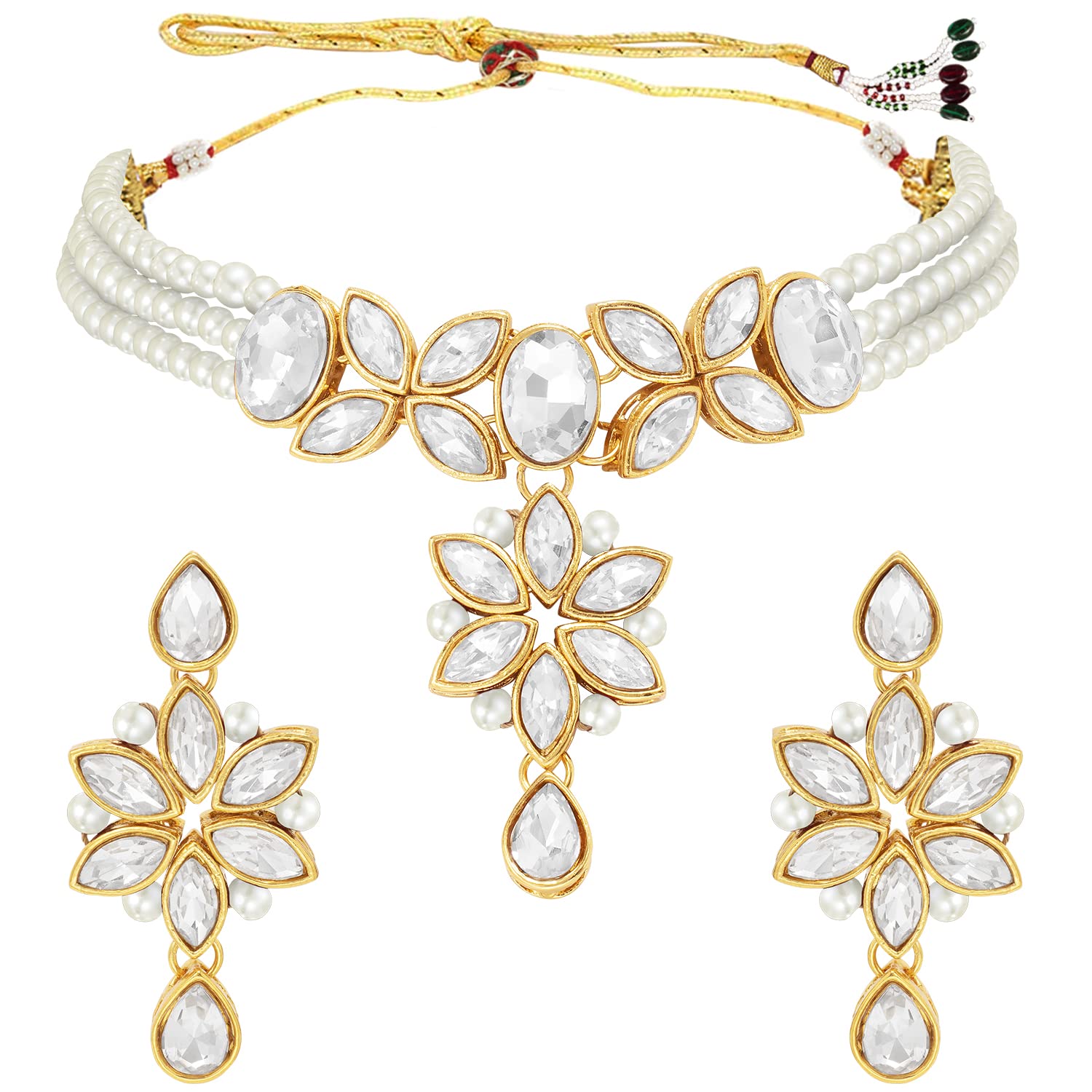 peora Gold Plated Traditional Crystal Kundan Beaded Choker Necklace Jewellery Set for Women-picture-25