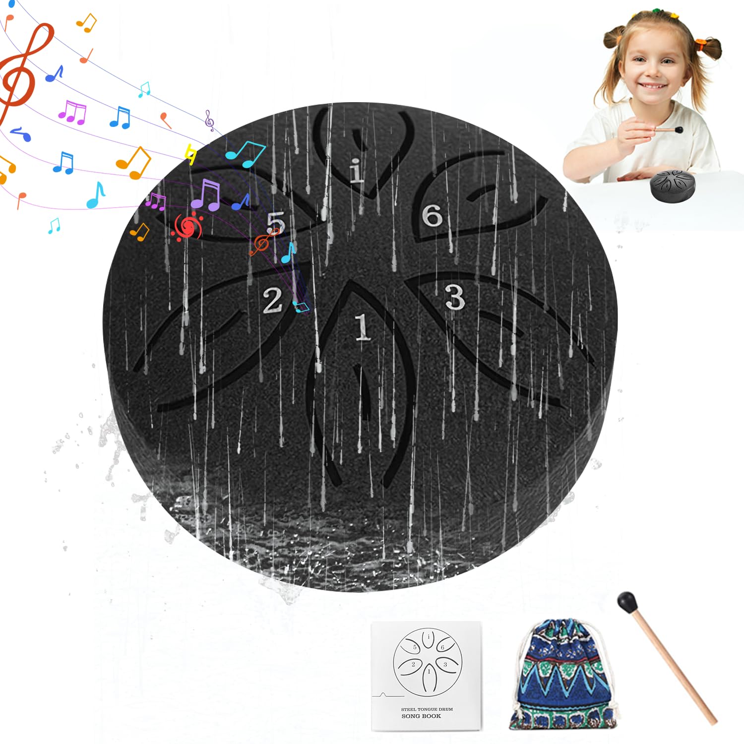 ASUNKYT Rain Drum for Outside, 3 Inches 6 Notes Mini Steel Tongue Drum for Kids, Rain Music Maker Outside Rain Drum with Mallets and Music Book for Garden/Rainy Days/Camping/Meditation/Yoga (Black)