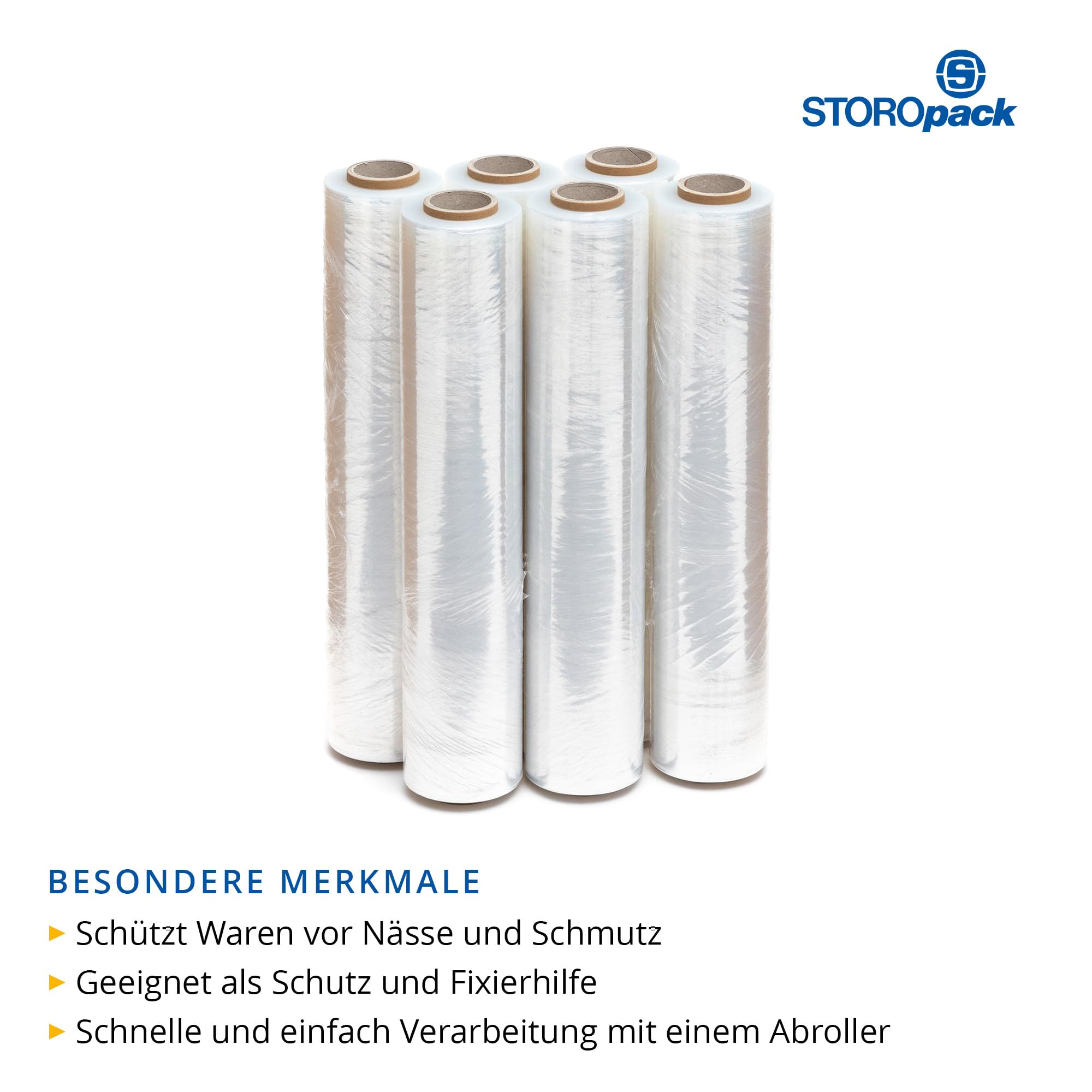 Storopack Lot de 6 rouleaux de film étirable à la main Transparent 500 mm x 300 m 20 microns