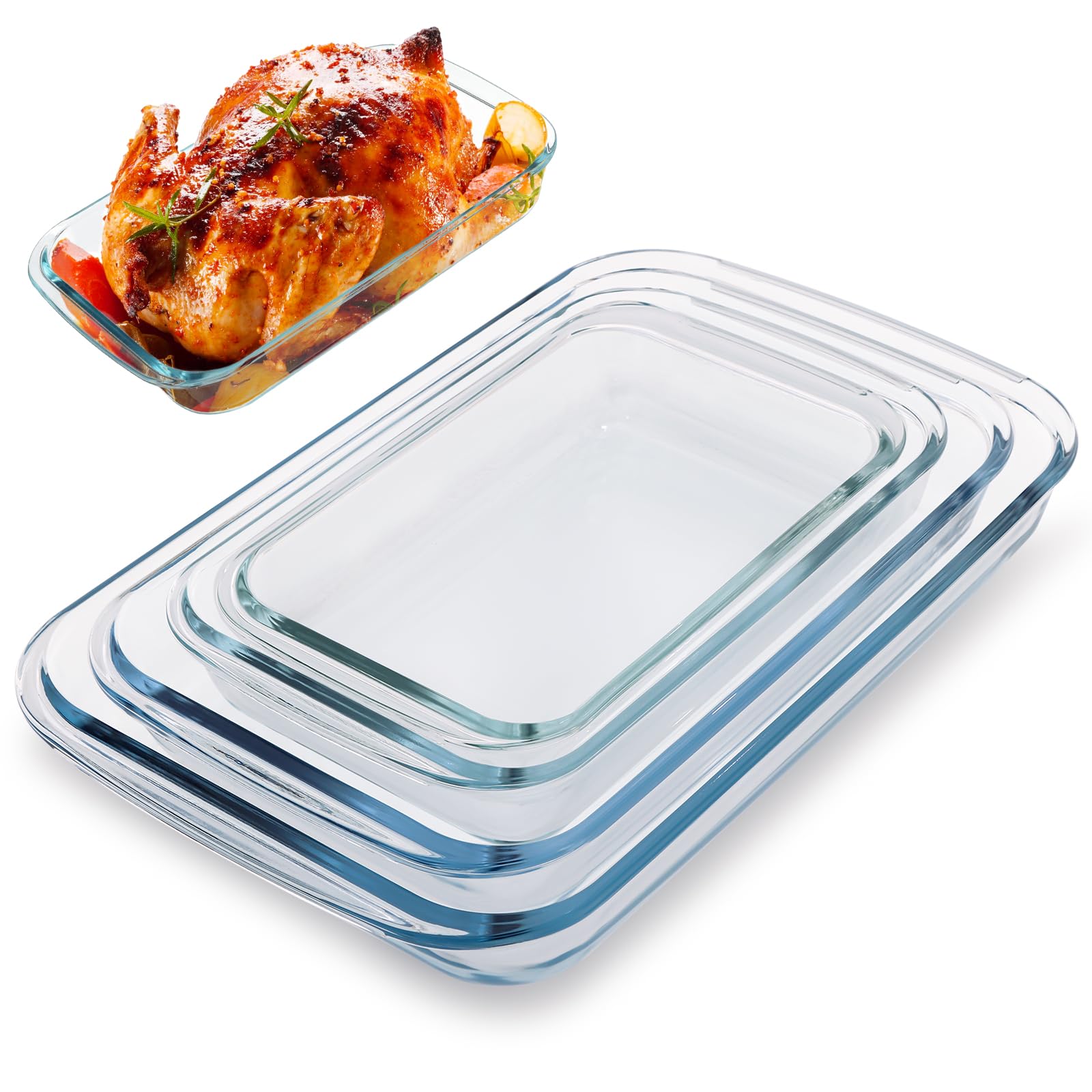 Teglia da forno in vetro per forno, resistente al calore, set di 4 teglie rettangolari per lasagne, profonda, con manico, per cuocere torte in cucina, lavabile in lavastoviglie, adatta al congelatore,