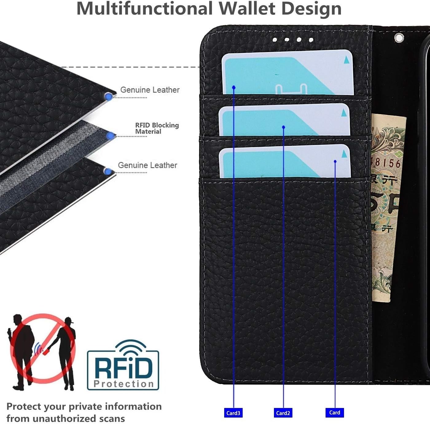 iCoverCase Compatible with iPhone 13 Pro Wallet Case with Credit Card Holder and Wrist Strap, RFID Blocking Genuine Leather Flip Magnetic Phone Cover 6.1 Inch (All Black)