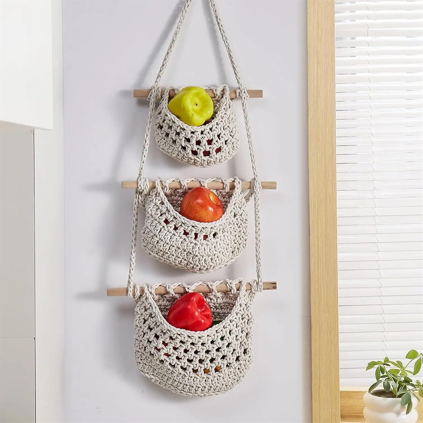Fzl02068lm Multi Fruit Bowl Hanging Fruit Basket, 3 Tier Woven Jute Wall For Organizing, Produce For And Vegetable Storage Versatile(Multi)