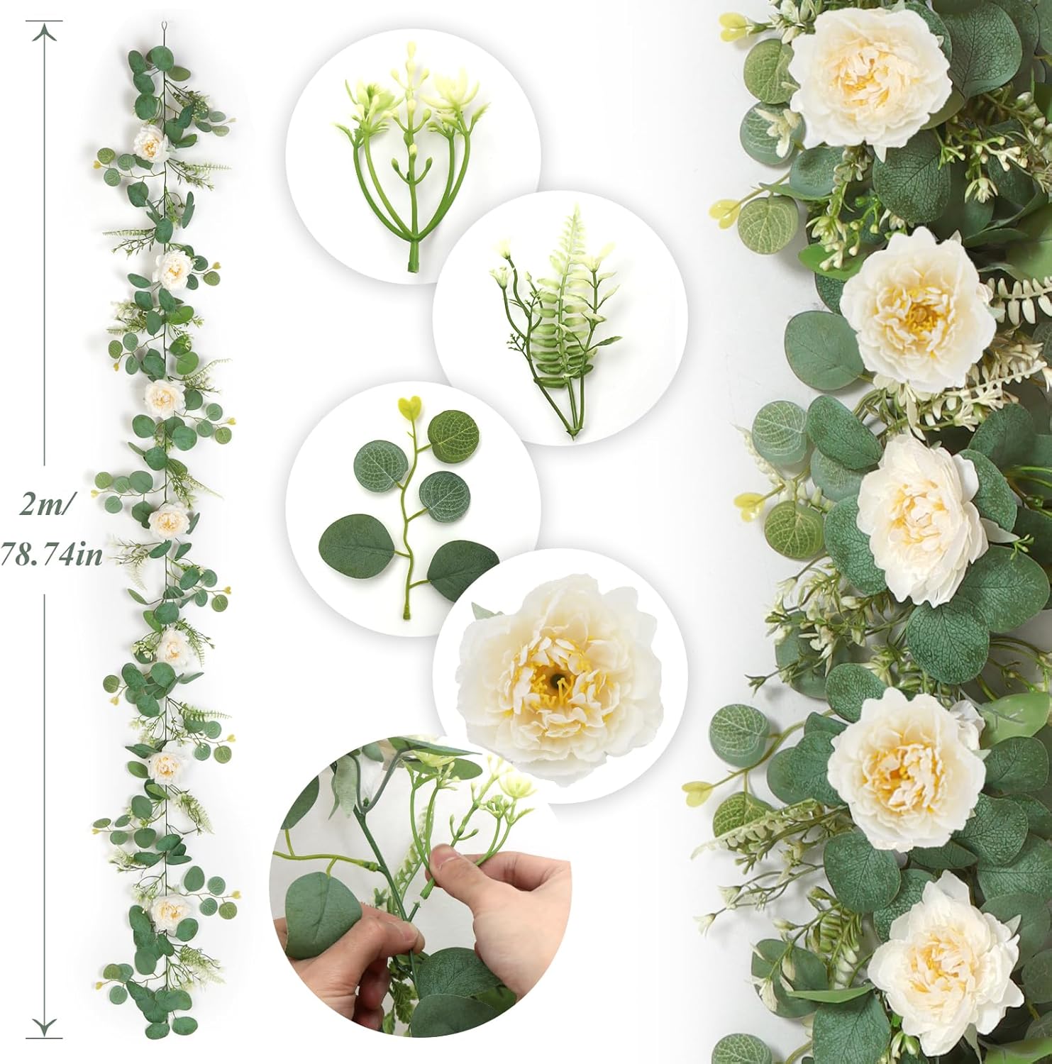 DEMIUKO 2PCS 6.56Ft Artificial Eucalyptus Flower Garland Fake Peony Flower Vine Faux Eucalyptus Leaves Greenery Garlands Spring Garland for Wedding Party Centerpiece Arch Table Runner Backdrop Decor