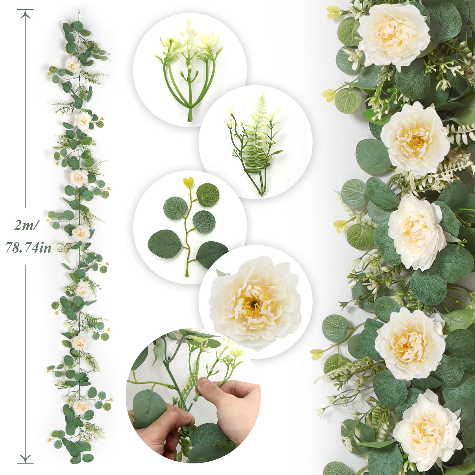 DEMIUKO Künstliche Eukalyptus-Girlanden mit Blumen, künstliche Pfingstrosen, Rose, Blumen, grüne Girlande, Blumenranken für Hochzeit, Tischläufer, Bogen, Party, Zeremonie, Hintergrunddekoration (4
