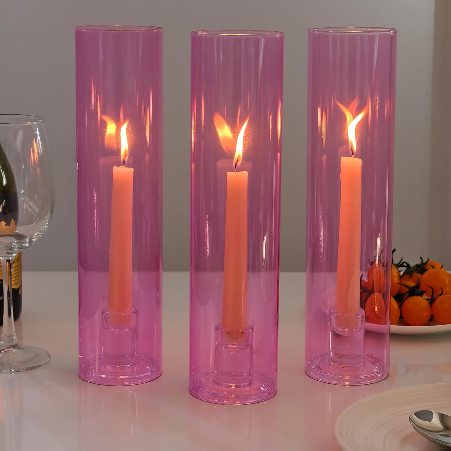 Vixdonos Glass Hurricane Candle Holder Set of 3 Modern Candlestick Holders Long Taper Candle Stand with 11.8 inch Tall Cylinder Windproof Cover for Wedding Party Table Centerpiece Outdoor