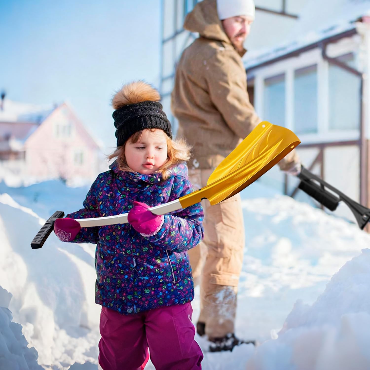 Snow Shovel with Ice Scraper & Brush, 17-30'' Extendable with Lightweight Aluminum Handle, 3-in-1 Folding Collapsible Winter Shovel Snow Removal for Camping Car Emergency Outdoors Home Yellow