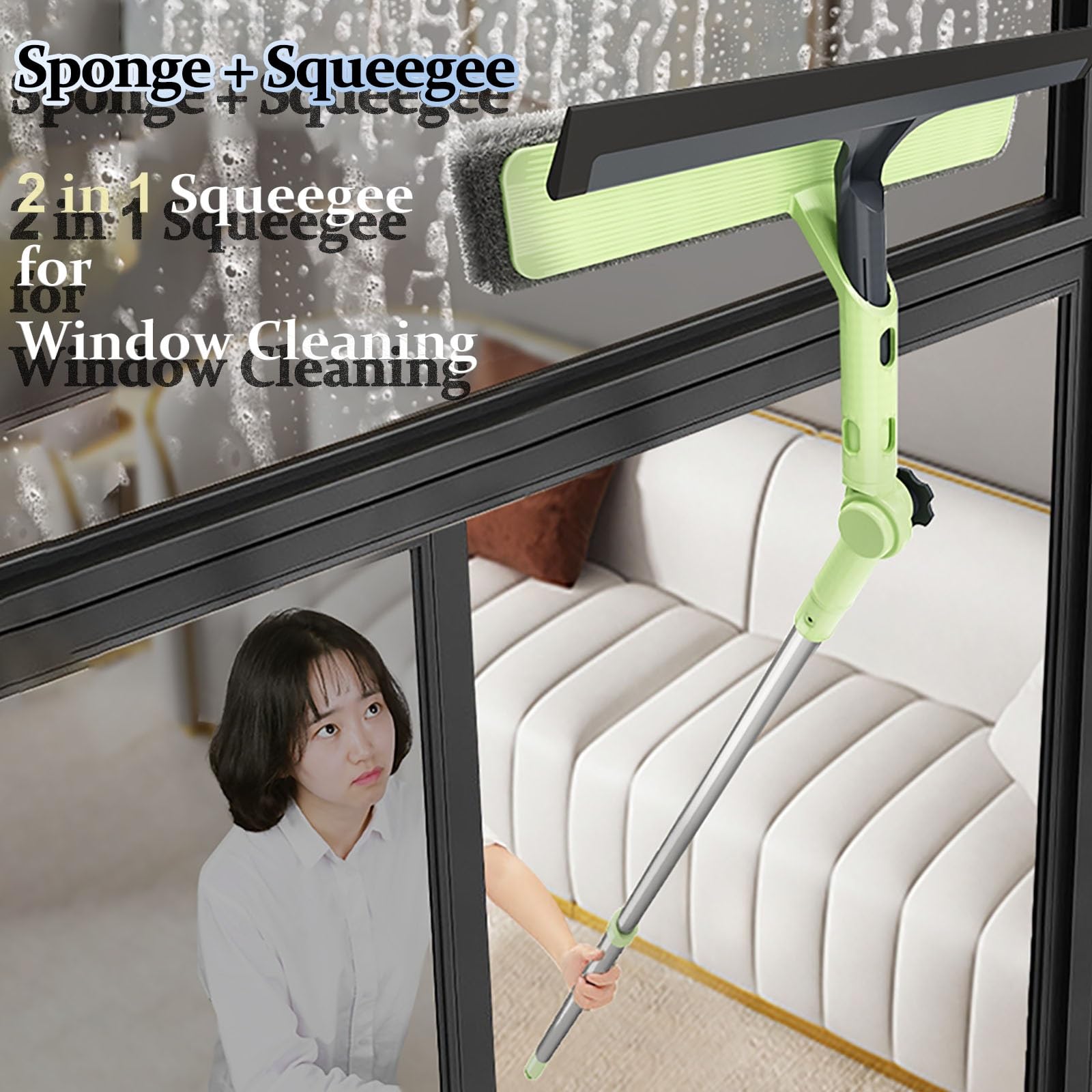 Herramienta de Limpieza de Ventanas 2 en 1 Verde para Coche, Kit de Limpieza de Ventanas con Palo telescópico y (3) paños de Microfibra, limpiacristales/Coche/Suelo/Puerta
