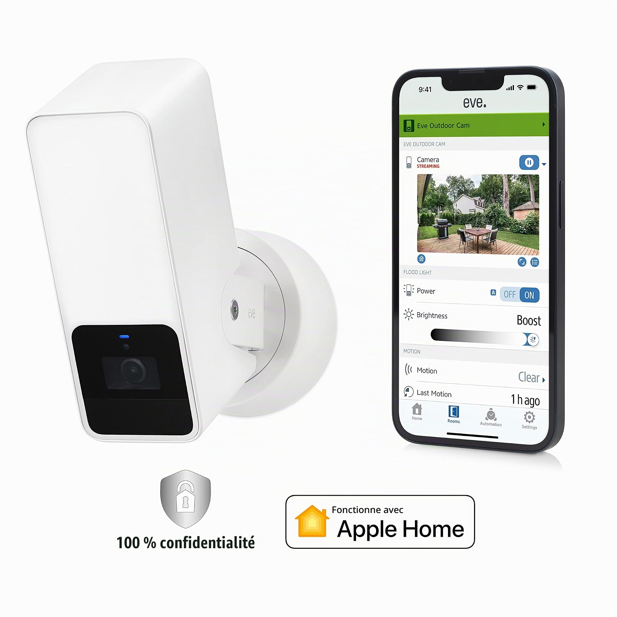 Eve Outdoor Cam (White Edition) - caméra sécurisée avec projecteur, confidentialité (HomeKit Secure Video), Vision Nocturne, Wi-FI (2,4 GHz), détecteur de mouvements, Communication bidirectionnelle