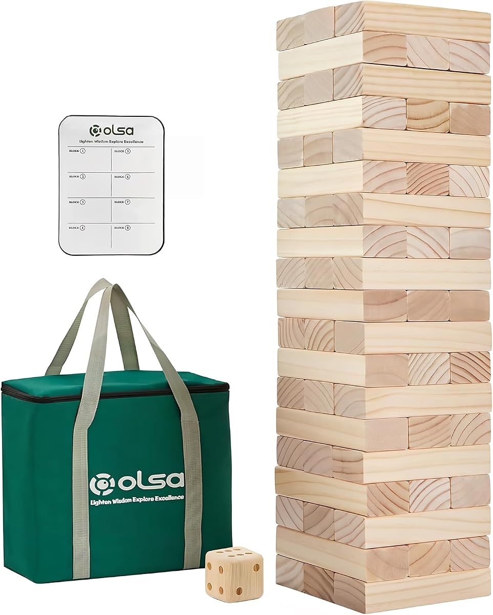 Olsa Giant Tumble Tower 57PCS Wooden Block Stack to Over 4.2 Ft for Family | Include dice,scoreboard&carry bag;Solid pinewood,non-toxic,crack free,lightweight;Gift for all ages;Game for backyard,camping