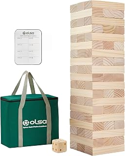 Olsa Giant Tumble Tower 57PCS Wooden Stacking Game - Up to 4.2ft Tall, Portable Bag for Family Outdoor Parties, Backyard Beach Fun