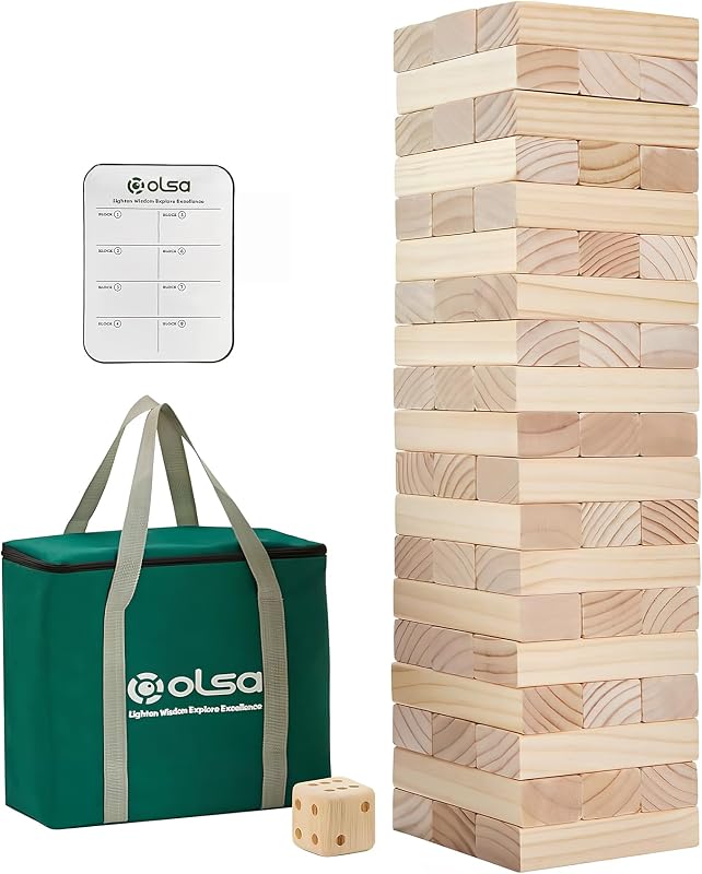 Olsa Giant Tumble Tower 57PCS Wooden Block Stack to Over 4.2 Ft for Family | Include dice,scoreboard&carry bag;Solid pinewood,non-toxic,crack free,lightweight;Gift for all ages;Game for backyard,camping