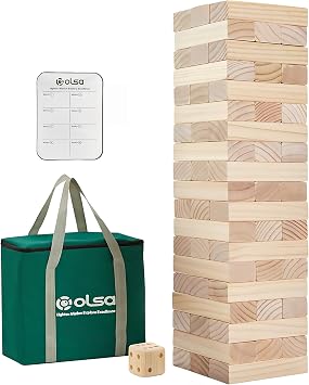 Olsa Giant Tumble Tower 57PCS Wooden Block Stack to Over 4.2 Ft for Family | Include dice,scoreboard&carry bag;Solid pinewood,non-toxic,crack free,lightweight;Gift for all ages;Game for backyard,camping