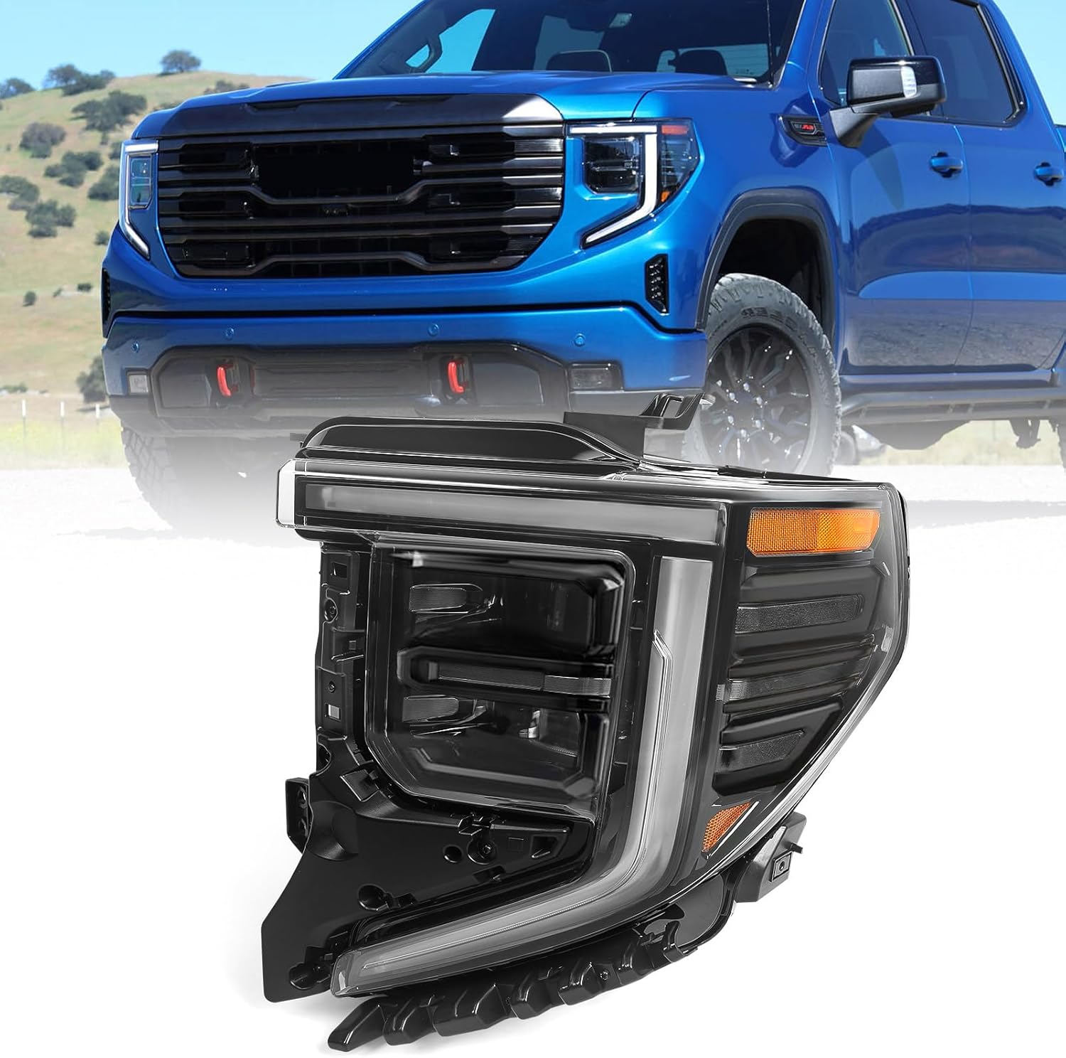 FIONE [FULL LED Headlight Assembly Compatible with GMC Sierra 2022 2023 2024 Front Light black Trim Left Driver Side LH 85543194