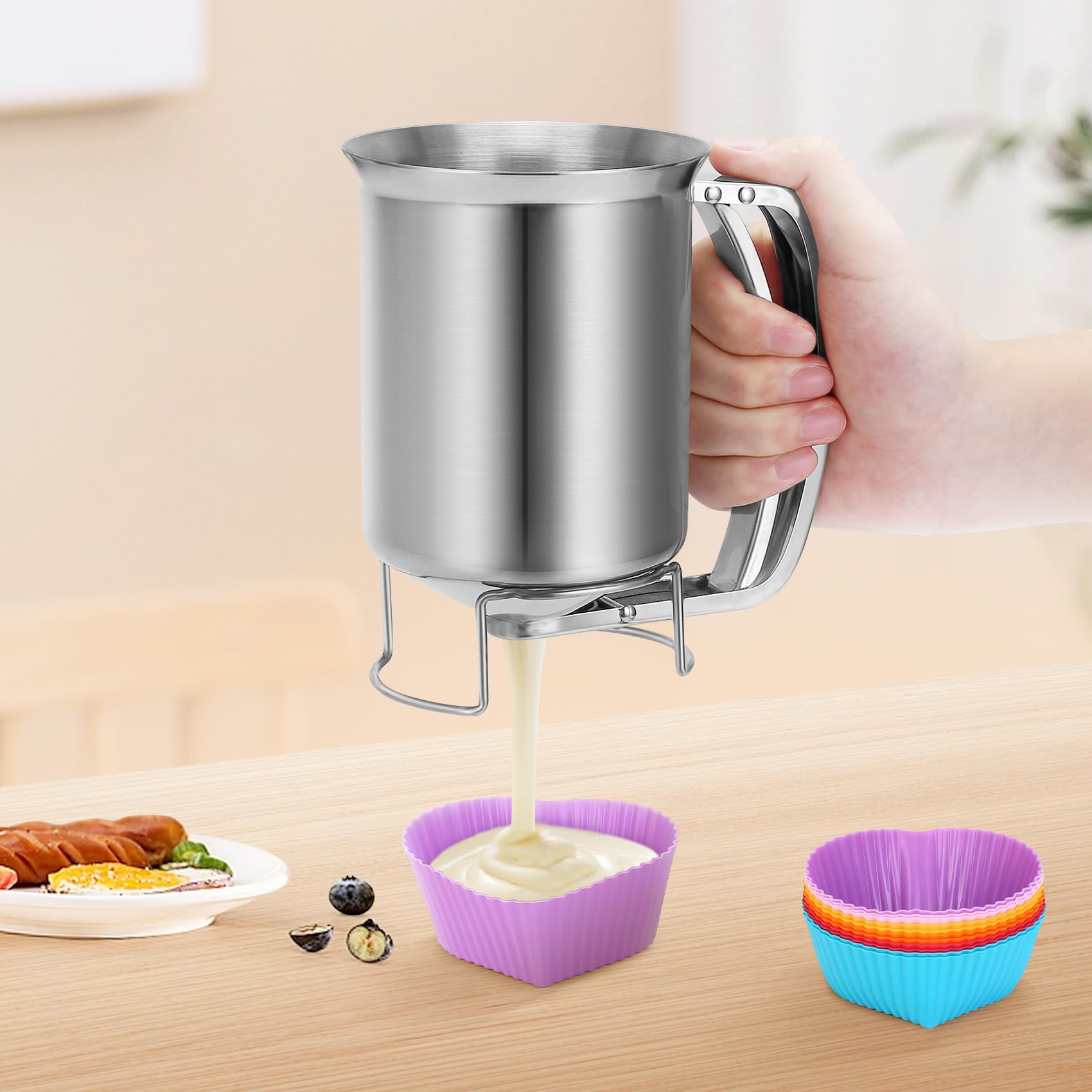 Dispensador de masa de panqueques de acero inoxidable con asa, 32 onzas, 30.4 fl oz, dispensador de pasteles de gofres de alta resistencia con 12 tazas de silicona para hornear, jarra de 3