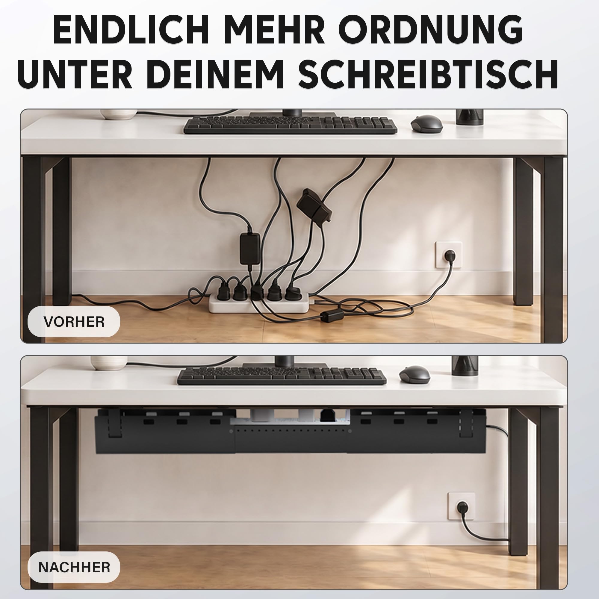 Kabelkanal Schreibtisch ausziehbar 80-112cm - Kabelwanne Schwarz | 3-fach höhenverstellbarer Kabel Organizer. Pulverbeschichteter Stahl. Komplett-Set inkl. 50+ Zubehör, bis 14kg belastbar.