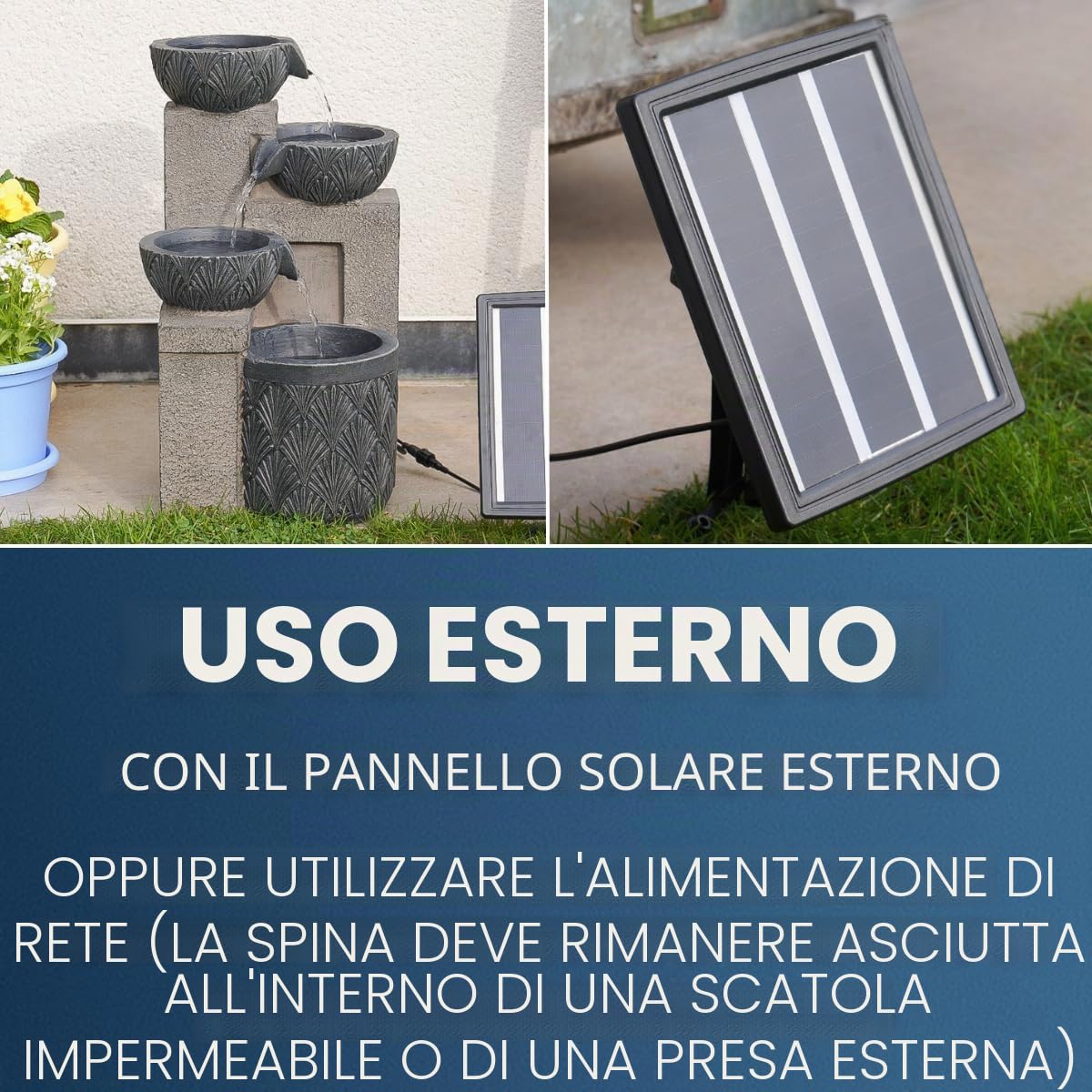 Festive Lights Fontana solare a LED da 42 cm con cascata e ciotole, alimentazione solare e USB, fontana solare da giardino per interni ed esterni, fontana solare per giardino d'acqua all'aperto