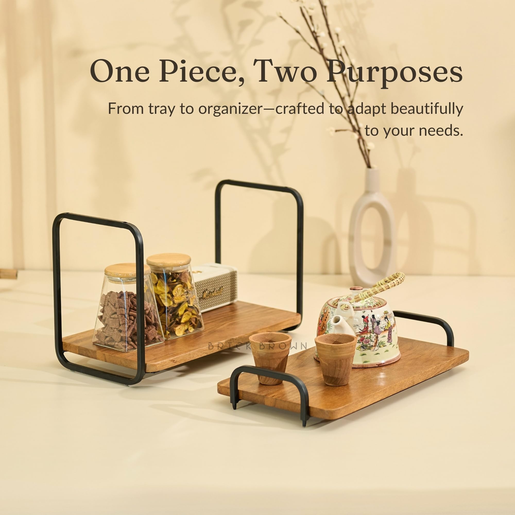Brick Brown® Premium Stash 2-in-1 Wooden Multipurpose Tray & Organizer | Spice Rack | 2-Tier Kitchen Countertop | Cabinet Storage Shelf |Serving Tray | Detachable Shelf for Kitchen, Dining Table 1