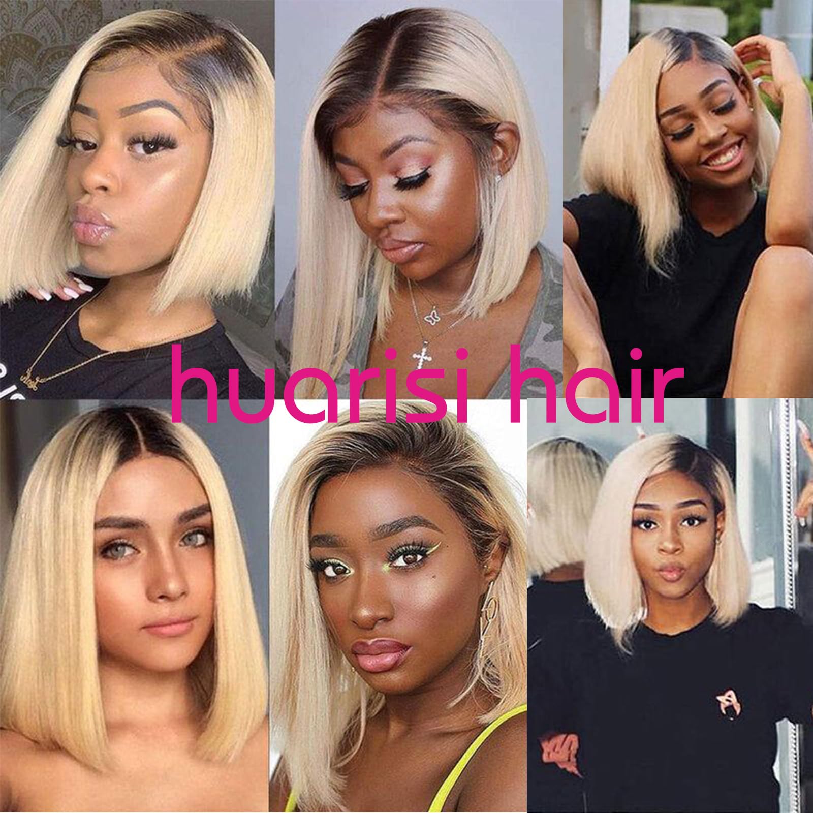 Huarisi Short U Part Bob Wigs Human Hair Ombre for Women 12 Inch 1B613 Bob Wig None Lace U Shape Black Roots to Bleach Blonde Look Natural - Image 3
