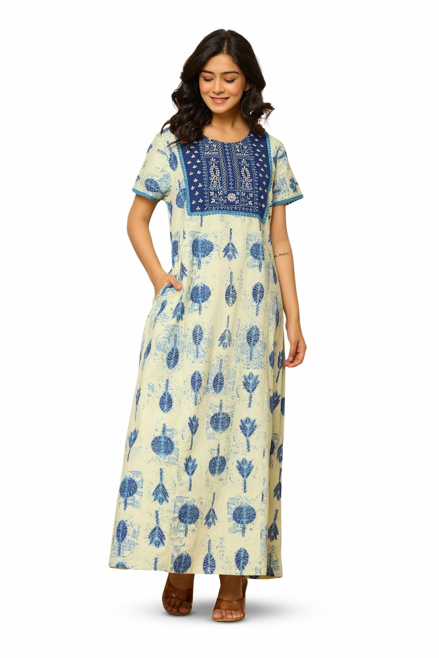 NIHSAMAH Cotton Nighty for Women — Printed Stylish Night Gown, Comfortable Sleepwear Long Nightwear, Maxi