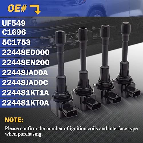 Miniatura 6 de UF549 Paquete de 4 paquetes de bobinas de encendido Compatible con 2007-2019 Nissan Altima Versa Sentra Rogue Cube NV200 Pathfinder Infiniti FX50