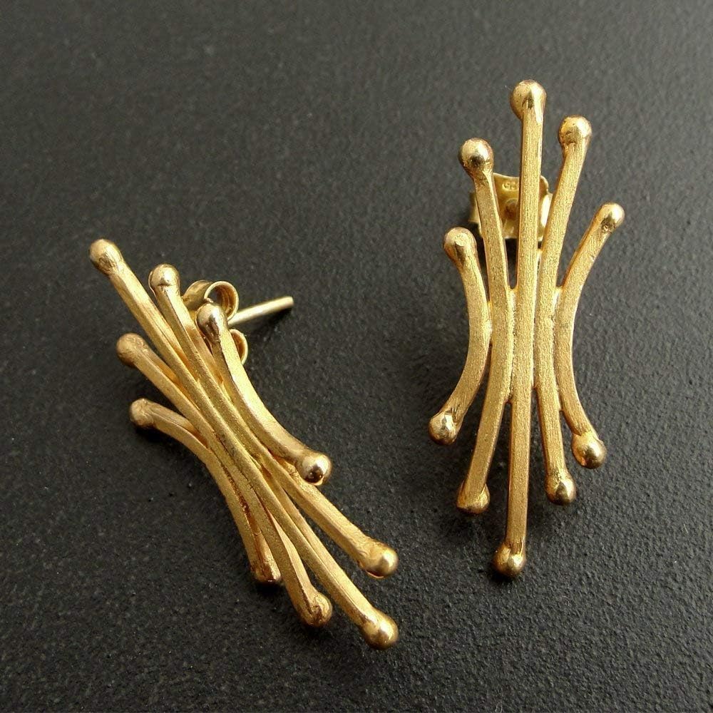 Spike Stud Earrings, Gold Plated 925 Sterling Silver, Hypoallergenic and Nickel-Free, Boho Rock Style Edgy Statement Jewelry for Women - Handmade by Emmanuela