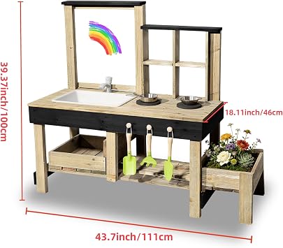 Mud Kitchen Playset for, Outdoor Wooden Toy Play Kitchen Set for Boys and Girls, Kitchen Accessories and Garden Sink with Faucet, Blackboard (Black1)