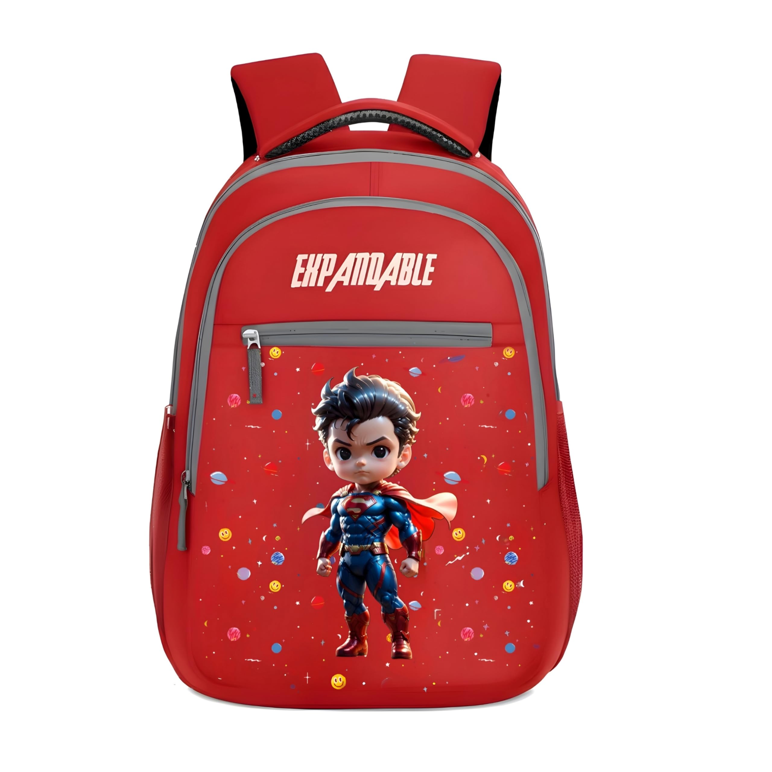 Kids’ Superhero Backpack for Boys - 16-Inch Red School Bag with Chibi Superman Space Print - Durable, Water-Resistant, Ergonomic Travel Rucksack for Kindergarten & Elementary School-image-1