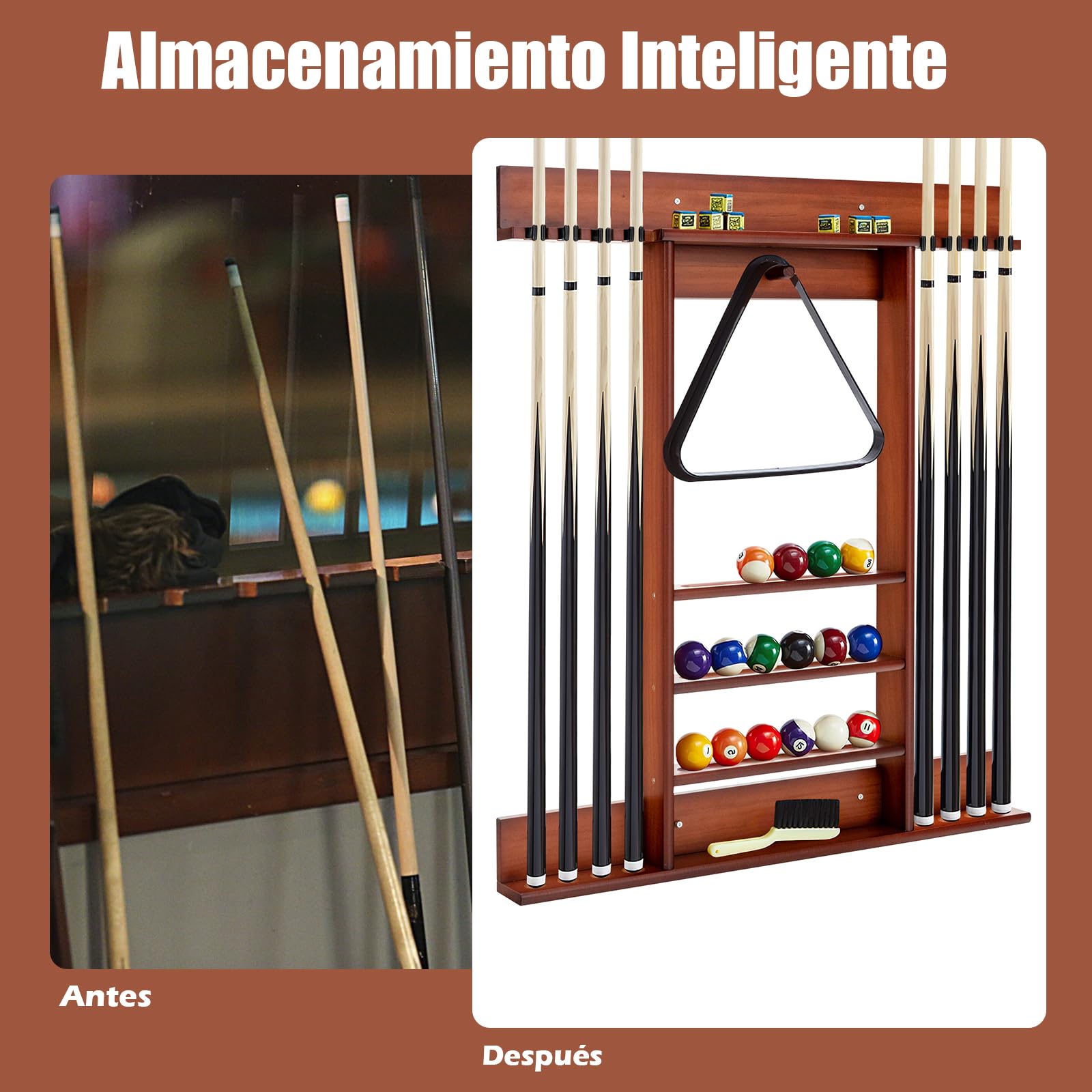GYMAX Soporte para Tacos de Billar de Madera de Pino, Soporte para Tacos de Billar para 8 Tacos, 15 Bolas de Billar y Accesorios de Billar, Accesorios de Mesa de Billar para Sala de Billar, Bar, Club