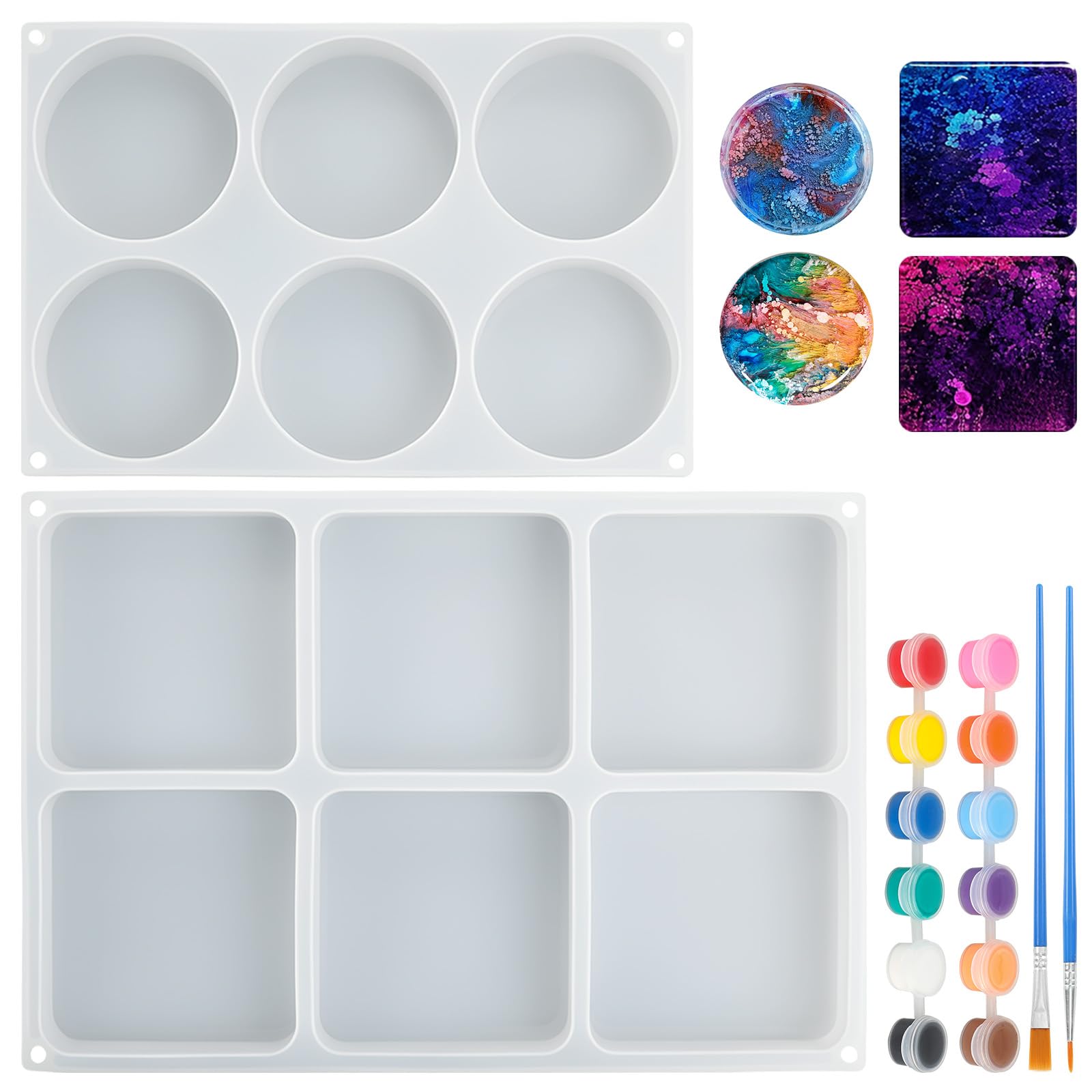2Pcs Resin Moulds Set, Silicone Epoxy Resin Moulds 6-Cavity Round & Square for Coasters, Trays, DIY Craft Projects, Home Decor, with 12 Colors Paint & Brushes