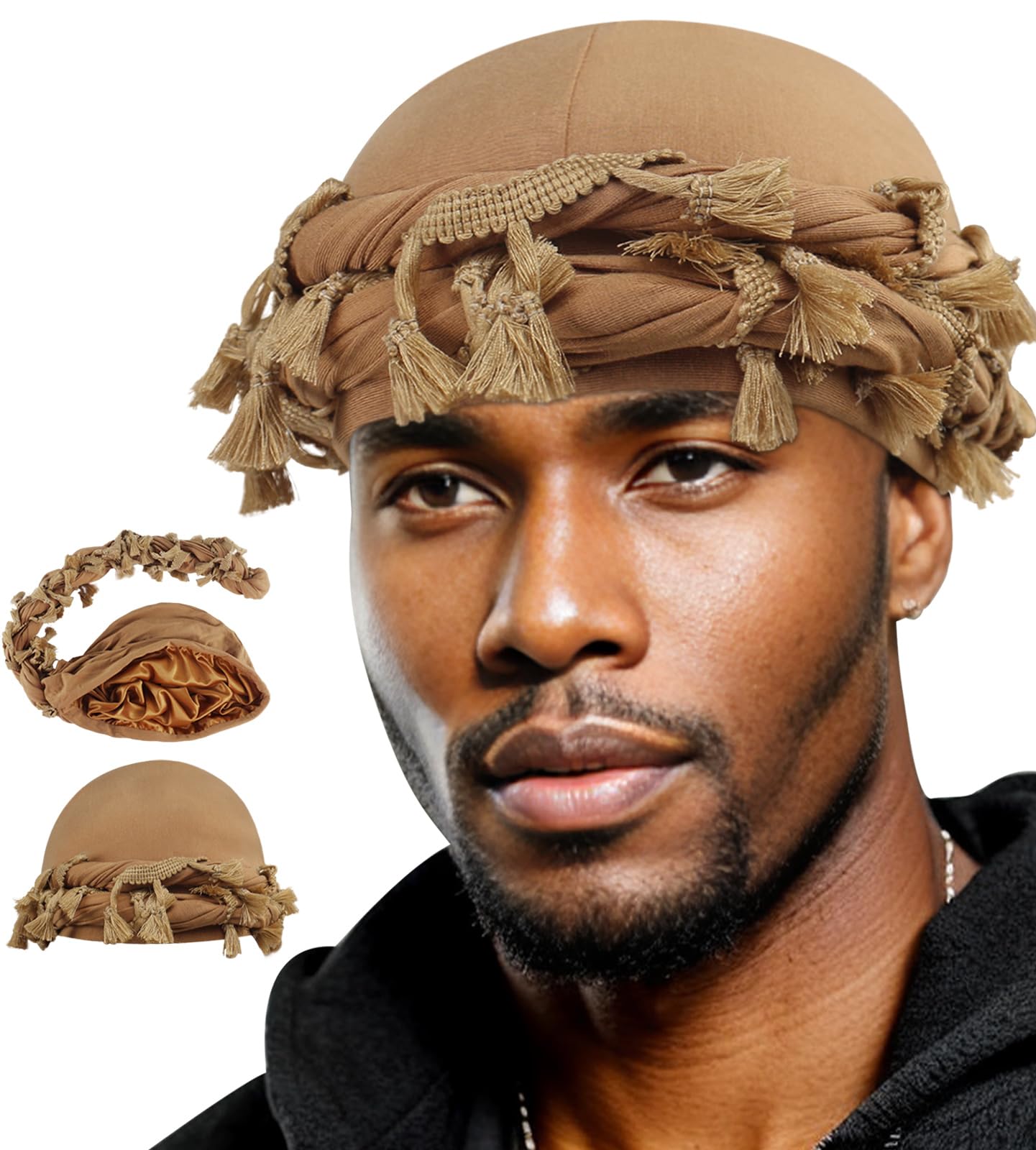 BabaletHalo Turban for Men Women Satin Lined Durag Head Wraps Skull Cap Pre-Tied Tassels Braid Beanie Vintage Twist Bonnet