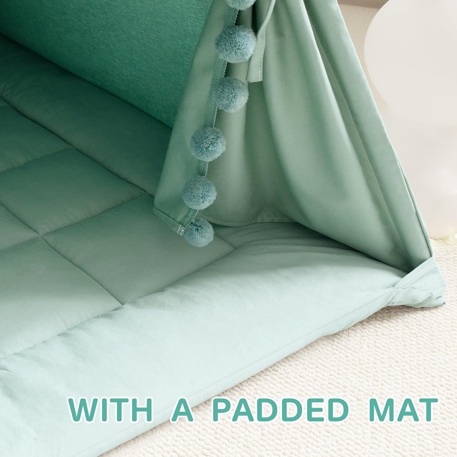 teepee tent for kids with padded mat cotton canvas kids tent with pompom for toddlers indoor play tent for girls boys with stars lights, carry bag, banner flag (green)