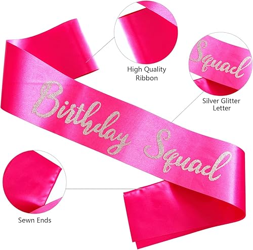 Miniatura 2 de Banda de escuadrón de cumpleaños, 6 piezas de color rosa intenso con letras plateadas con purpurina plateada, juego de bandas de regalo de