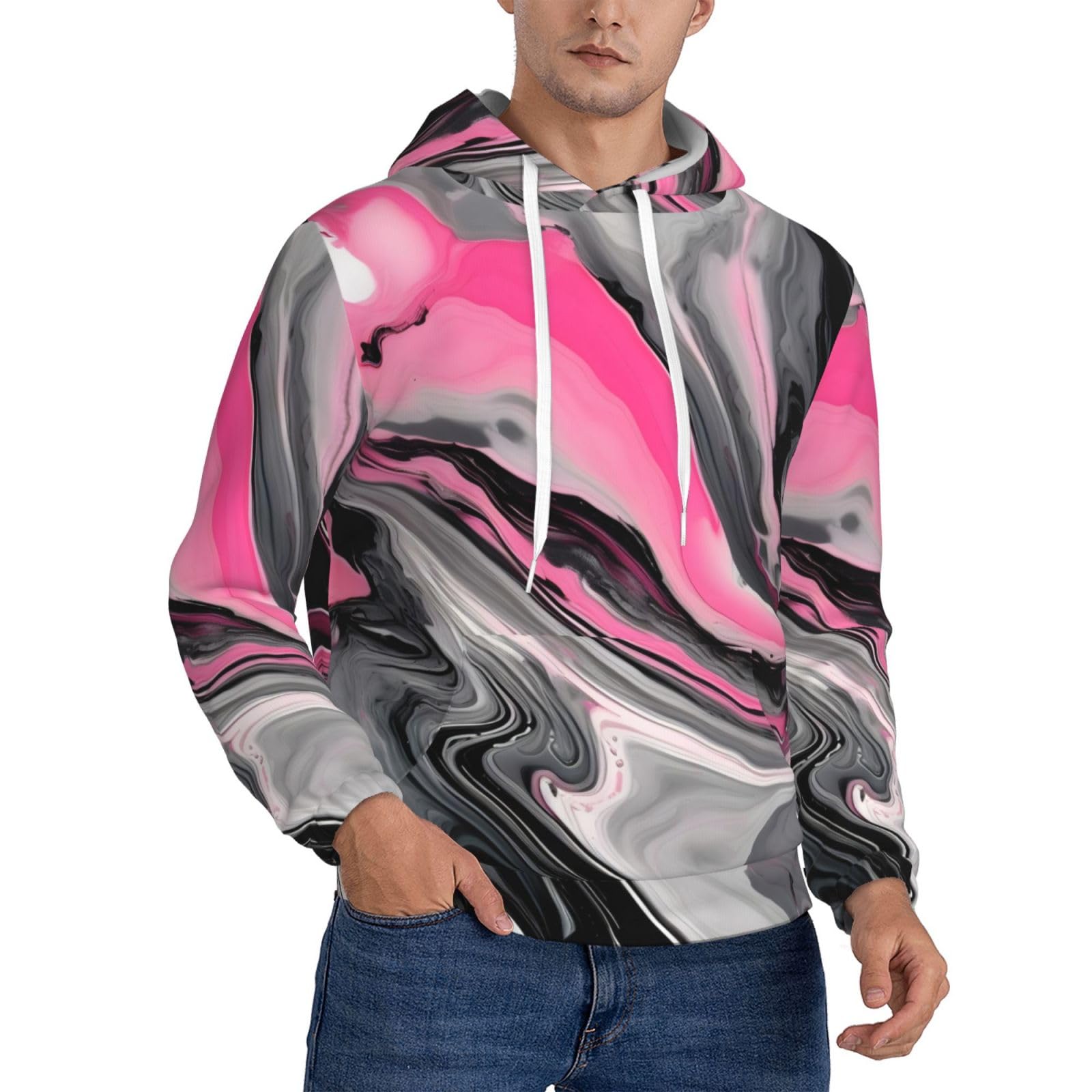 Sweat à capuche unisexe imprimé marbre gris et rouge pour style urbain chic - 8