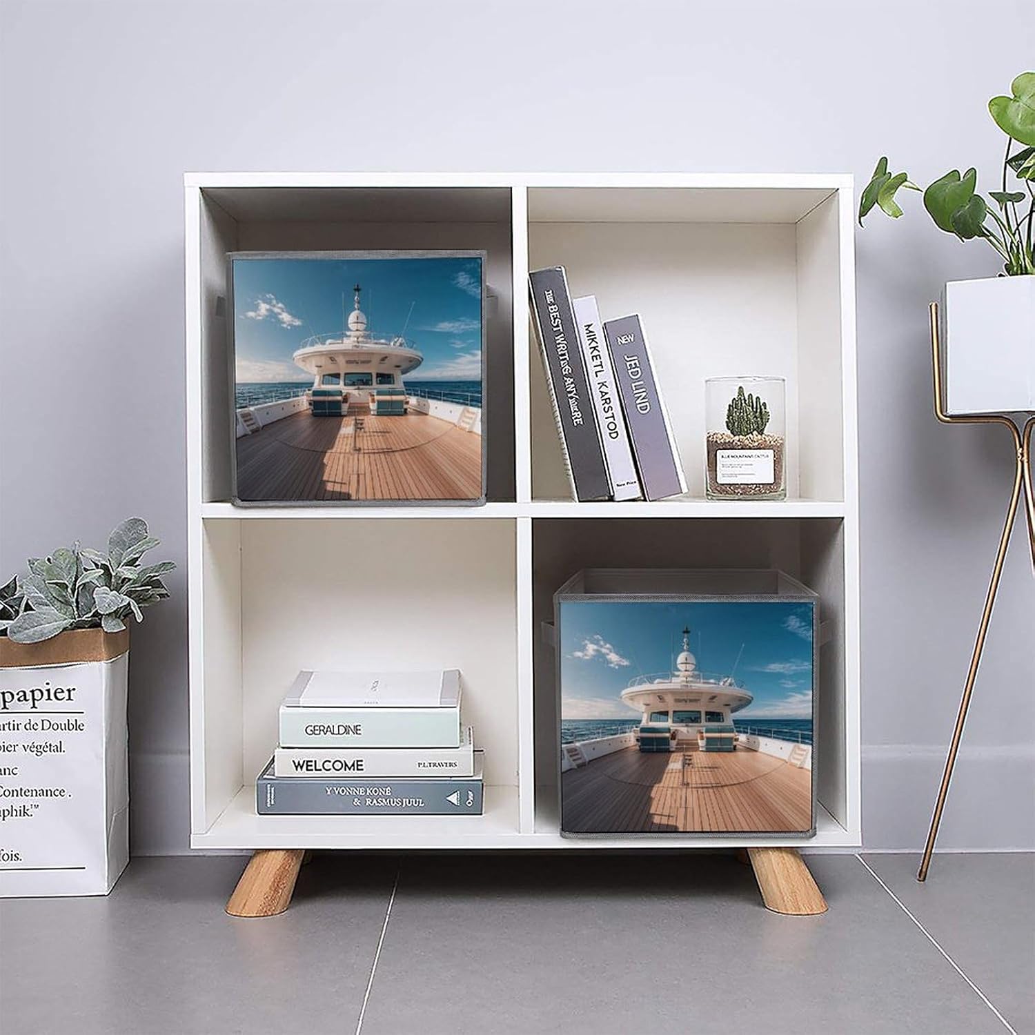 Wooden Deck Yacht Foldable Storage Box with Handles, Durable Oxford Storage Cubes, 2PCS Collapsible Closet Organizer for Home, Shelf, Office, Travel